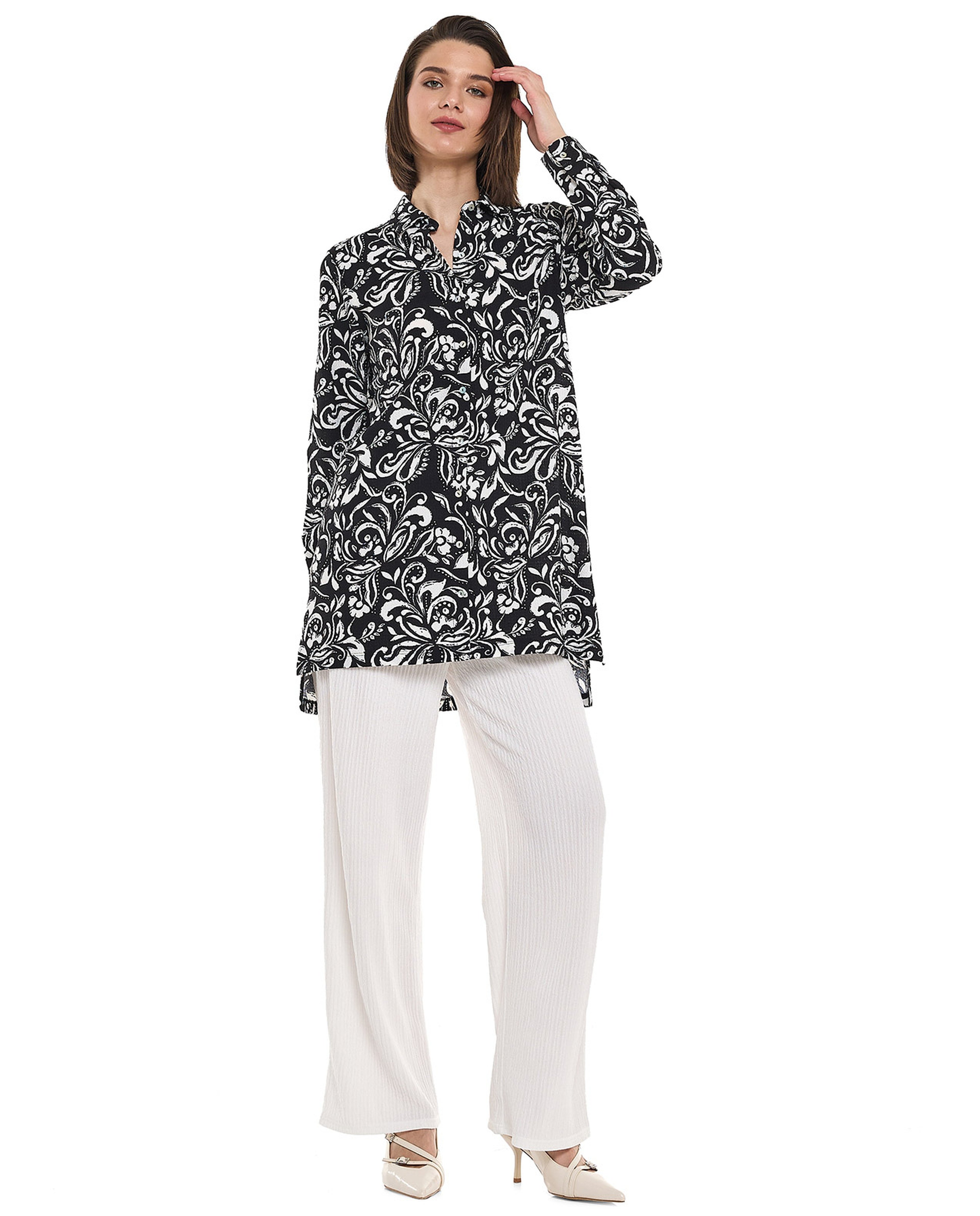 Patterned Tunic with Classic Collar and Long Sleeves