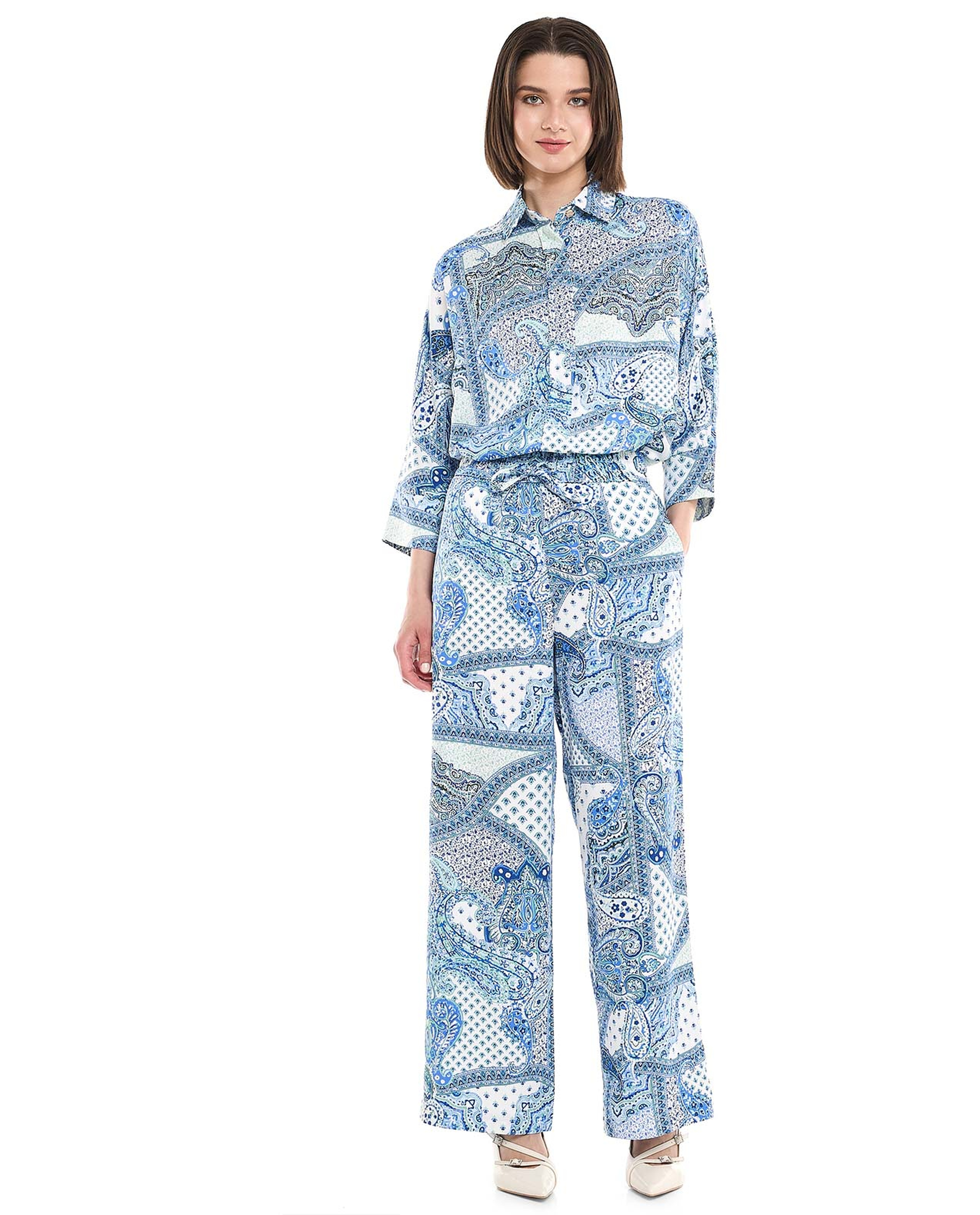 Patterned Wide Leg Pants with Drawstring Waist