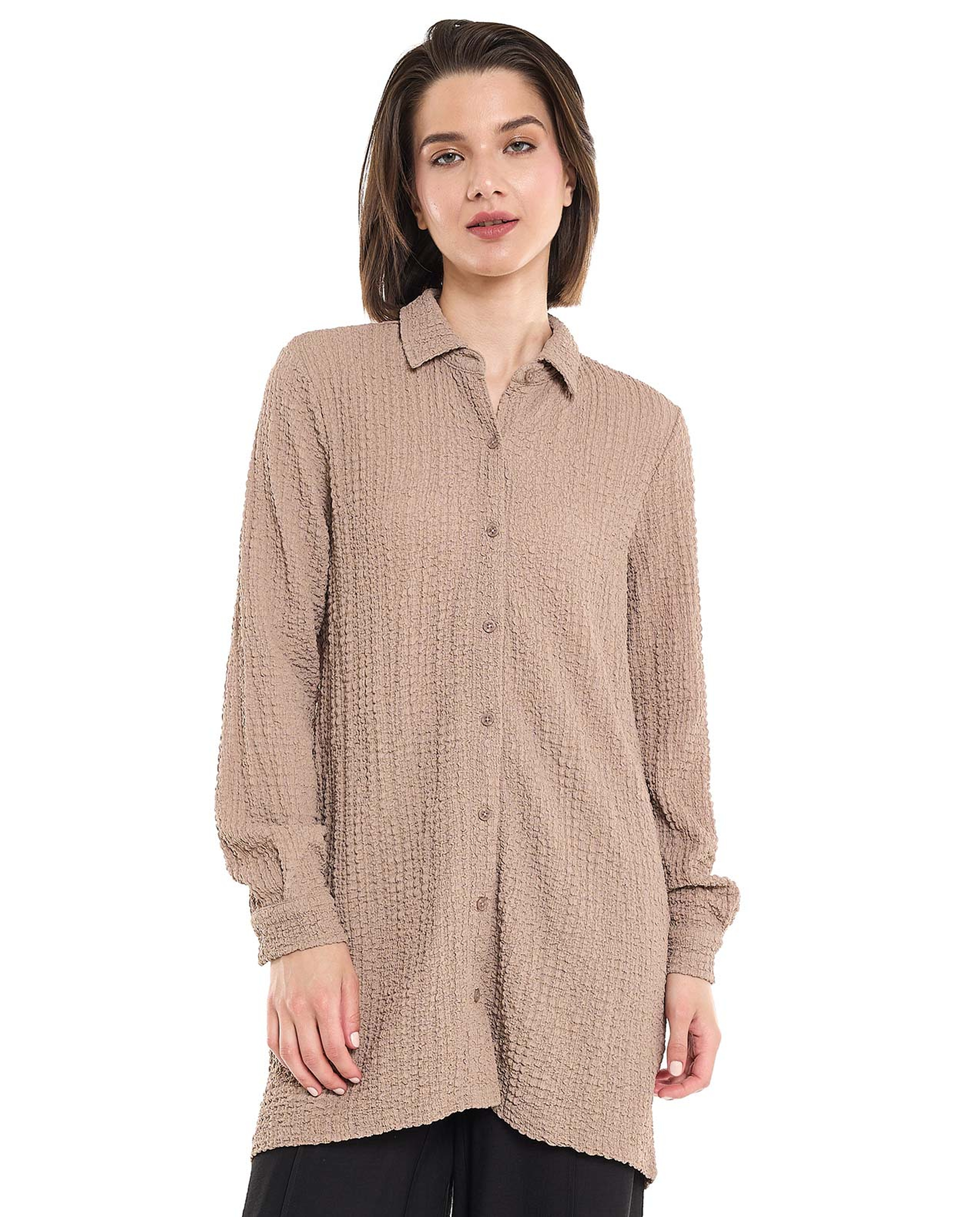 Textured Tunic with Classic Collar and Long Sleeves