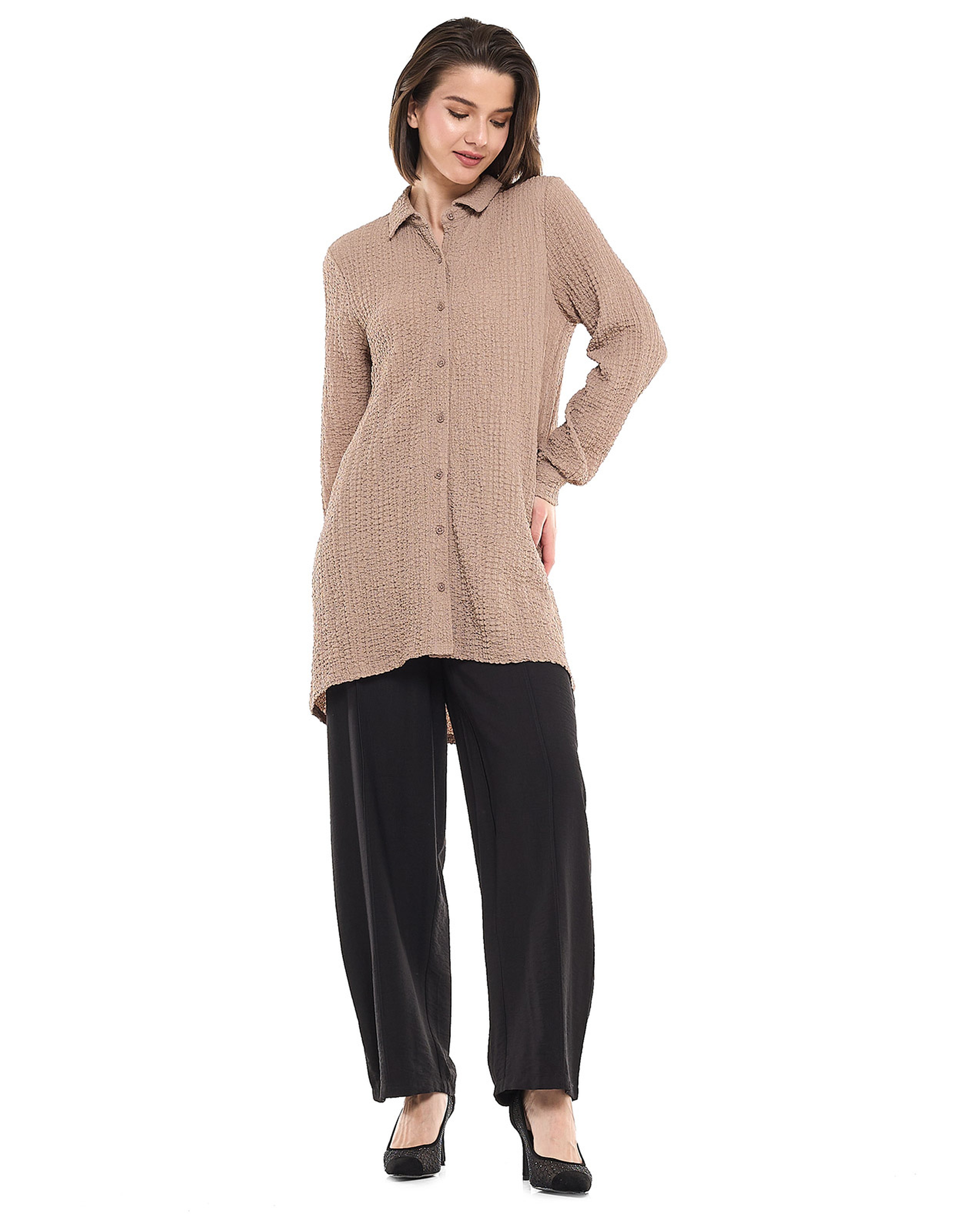 Textured Tunic with Classic Collar and Long Sleeves