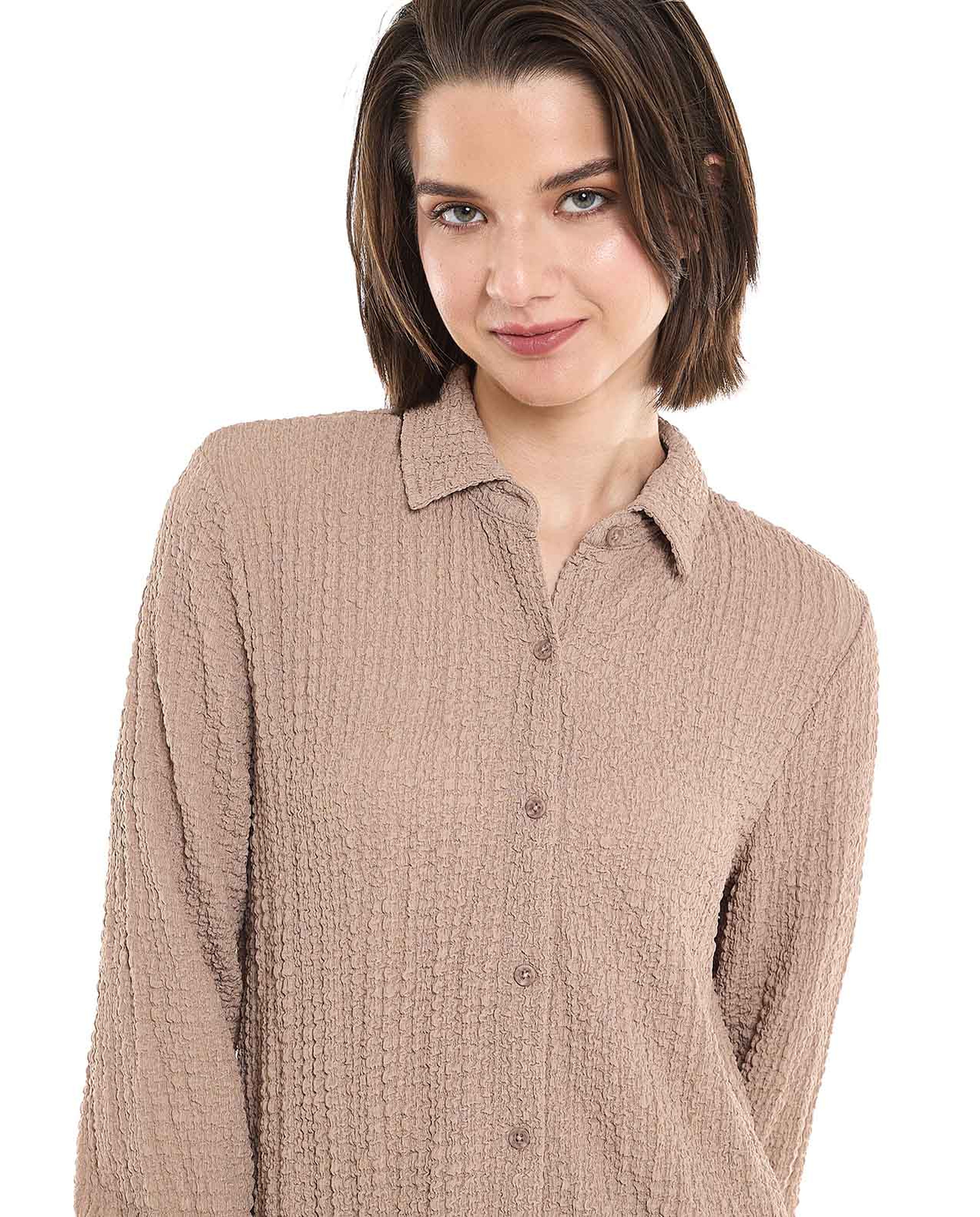 Textured Tunic with Classic Collar and Long Sleeves