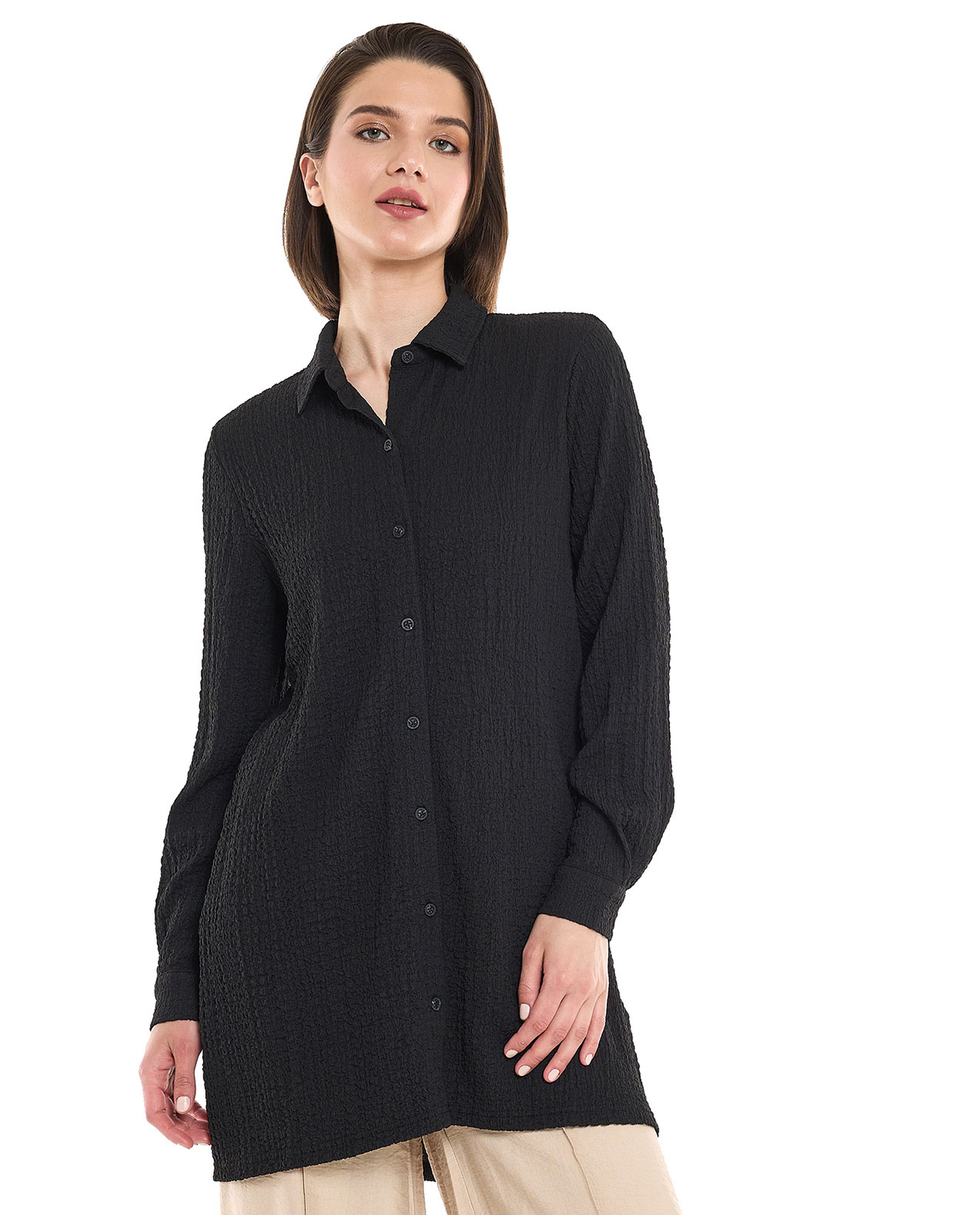 Textured Tunic with Classic Collar and Long Sleeves