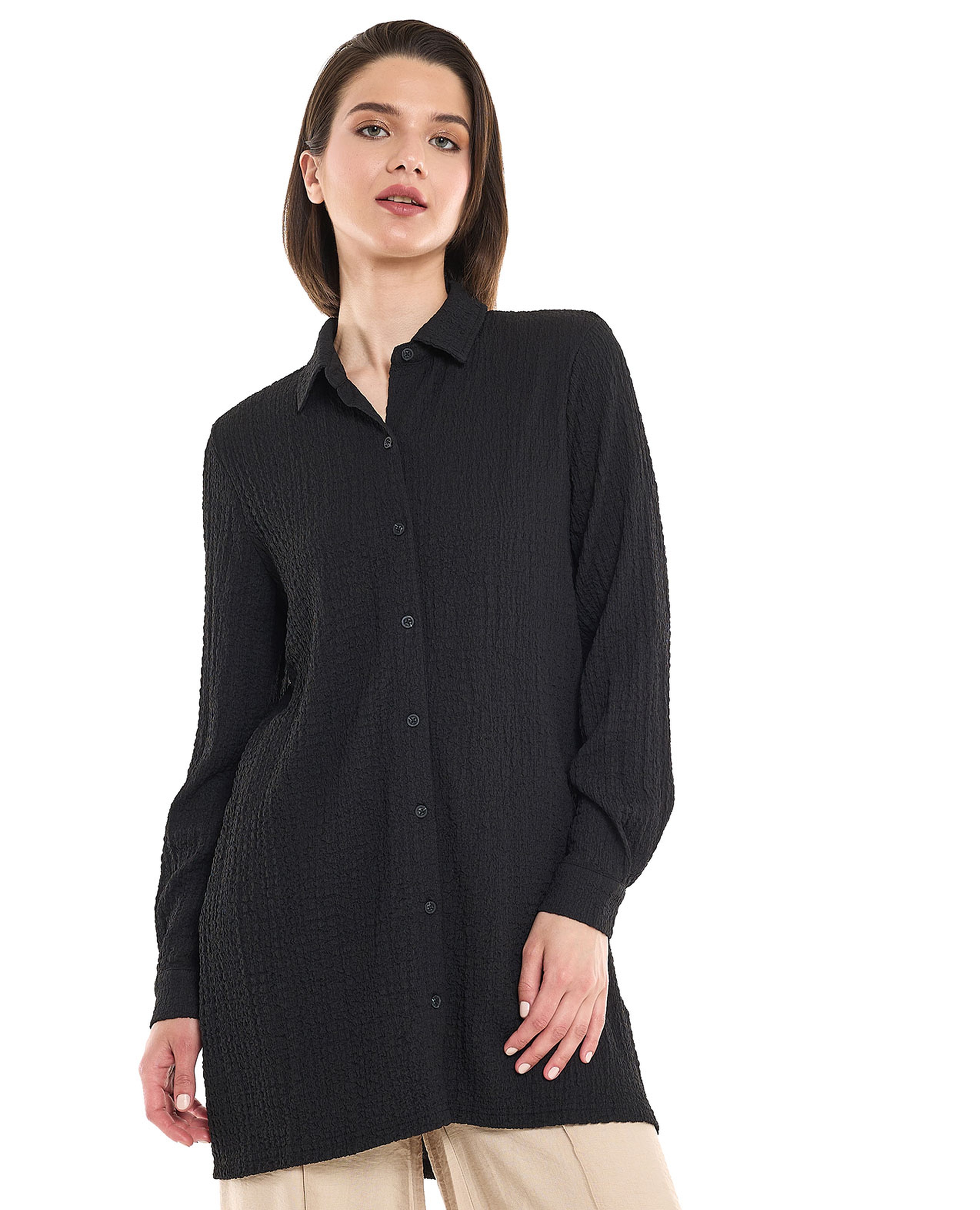 Textured Tunic with Classic Collar and Long Sleeves