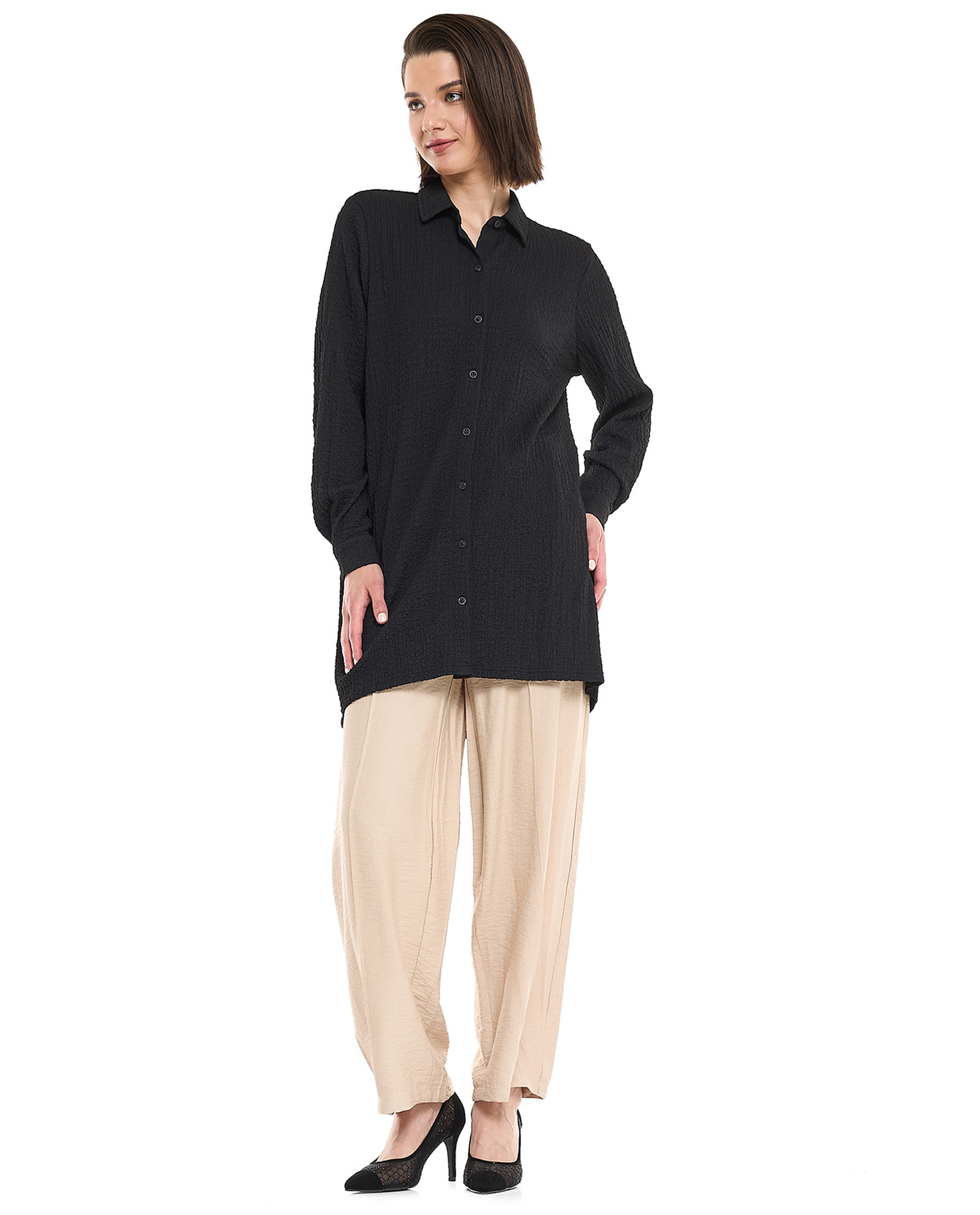 Textured Tunic with Classic Collar and Long Sleeves