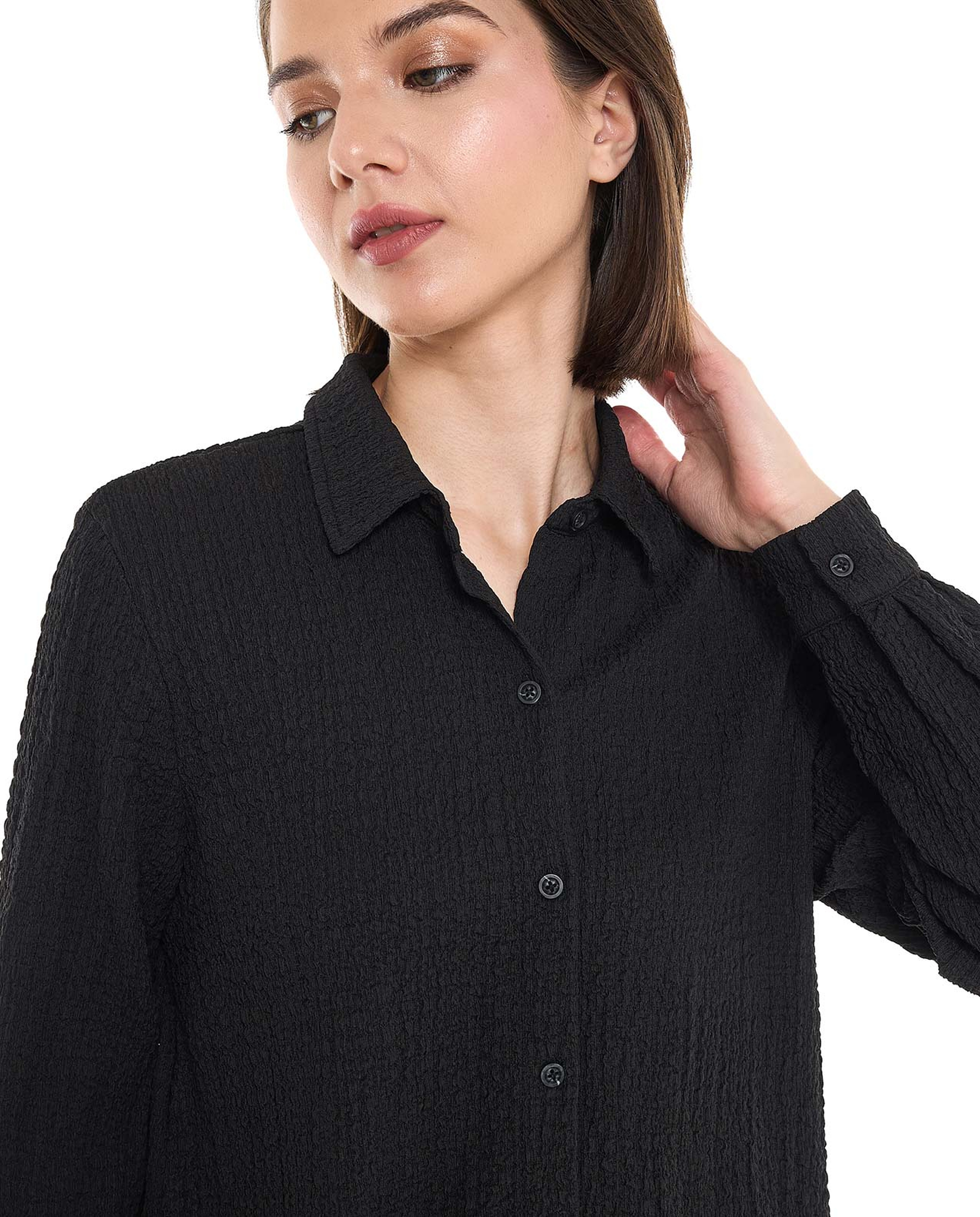 Textured Tunic with Classic Collar and Long Sleeves