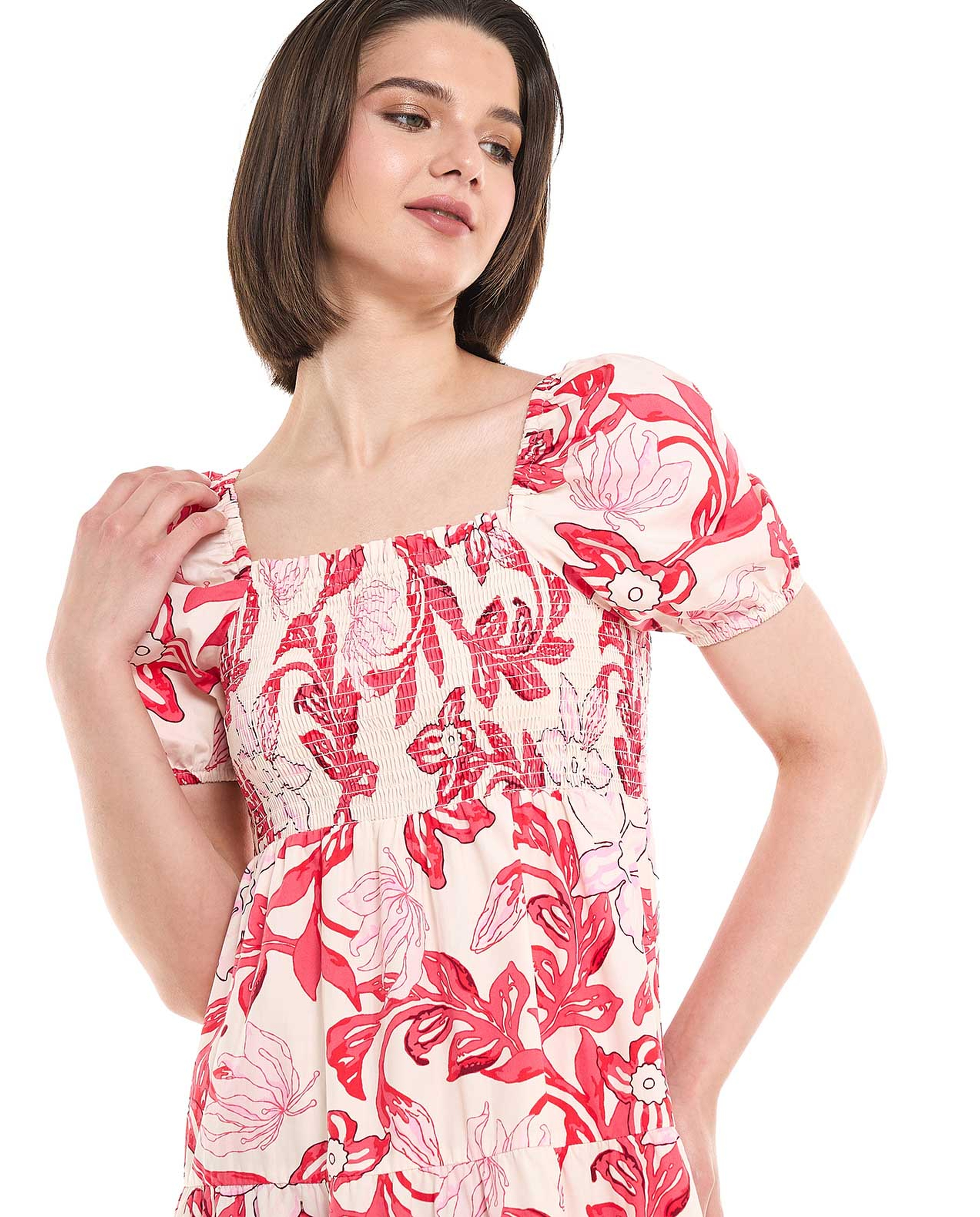 Printed Midi Dress with Square Neck and Puff Sleeves