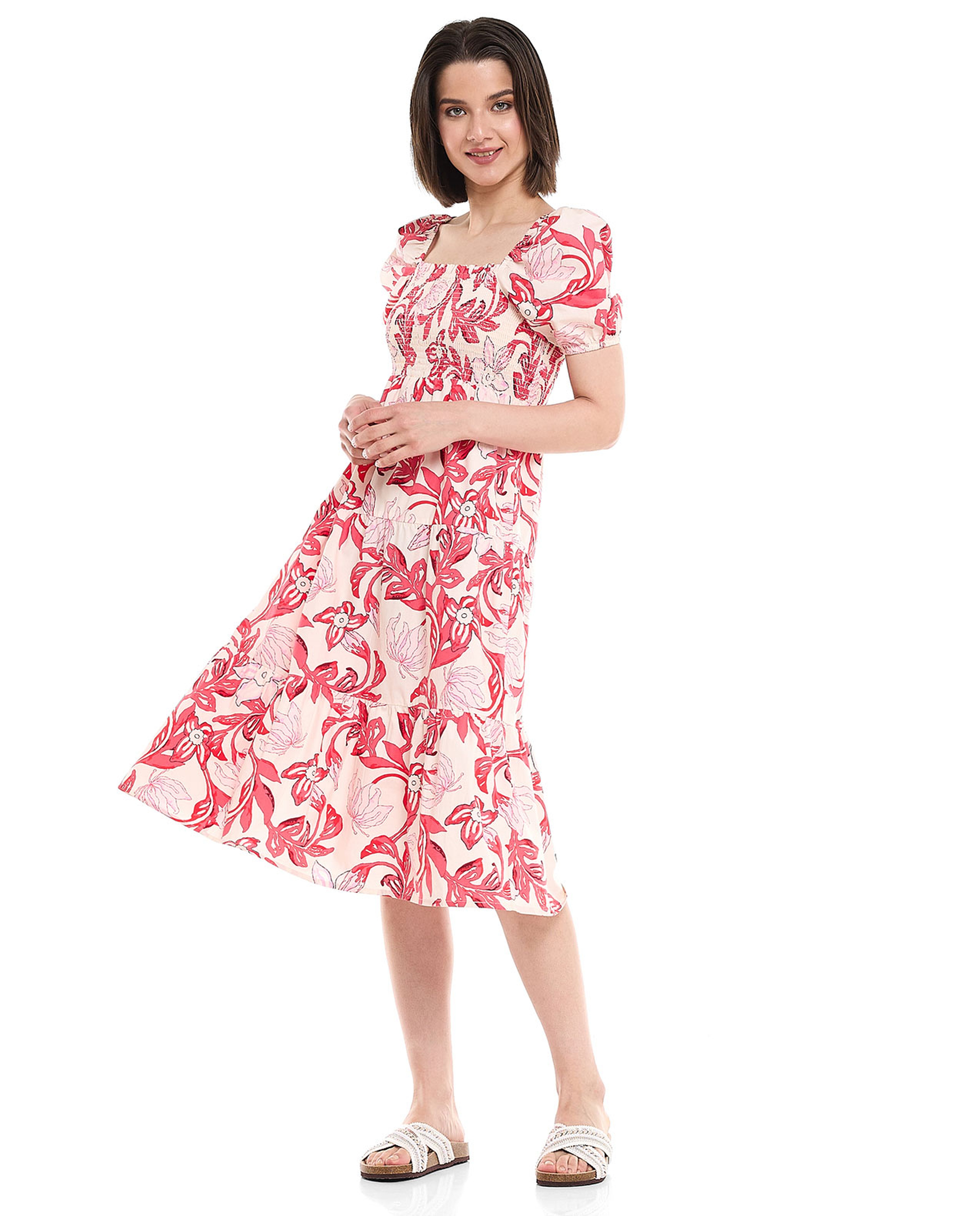 Printed Midi Dress with Square Neck and Puff Sleeves