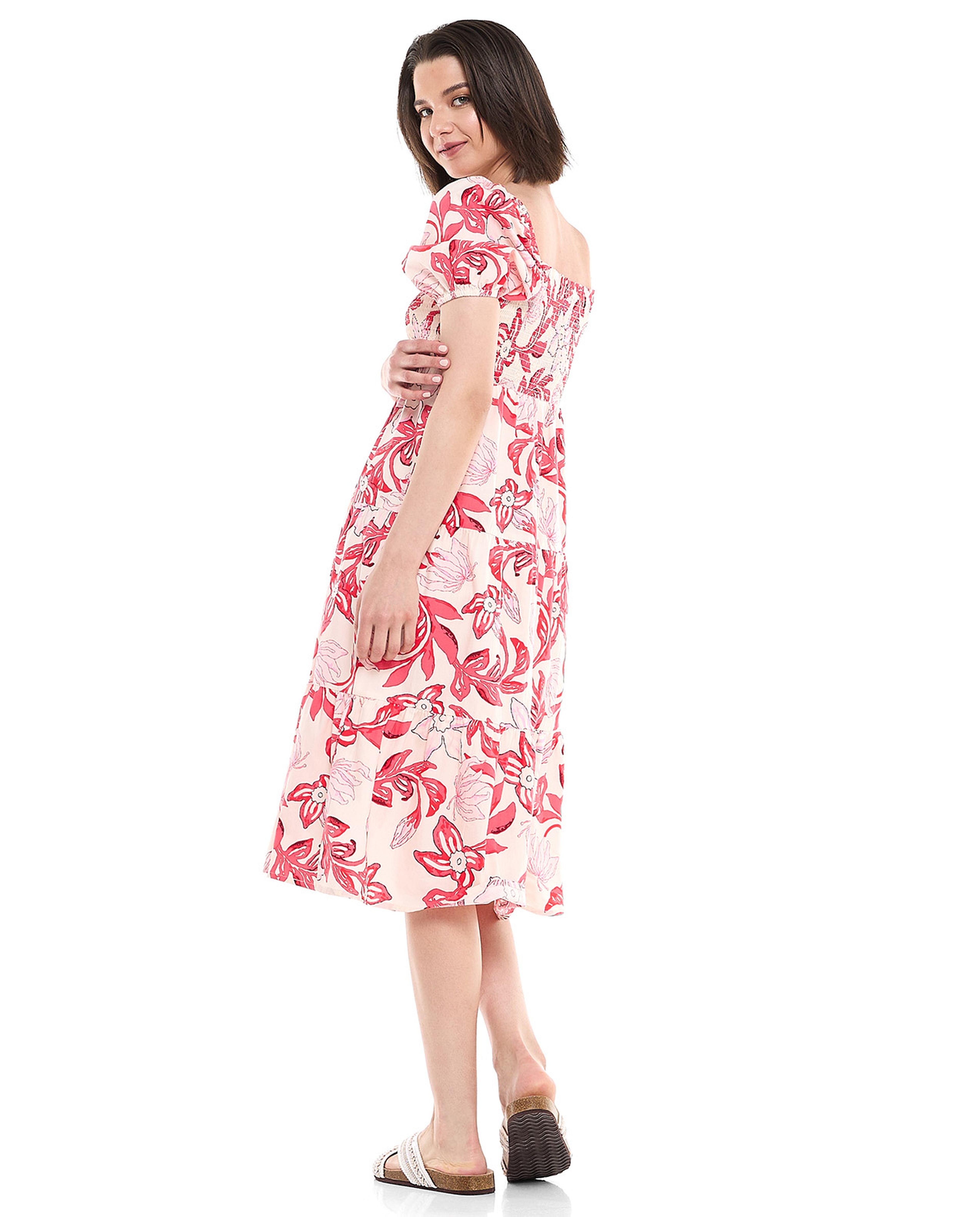 Printed Midi Dress with Square Neck and Puff Sleeves
