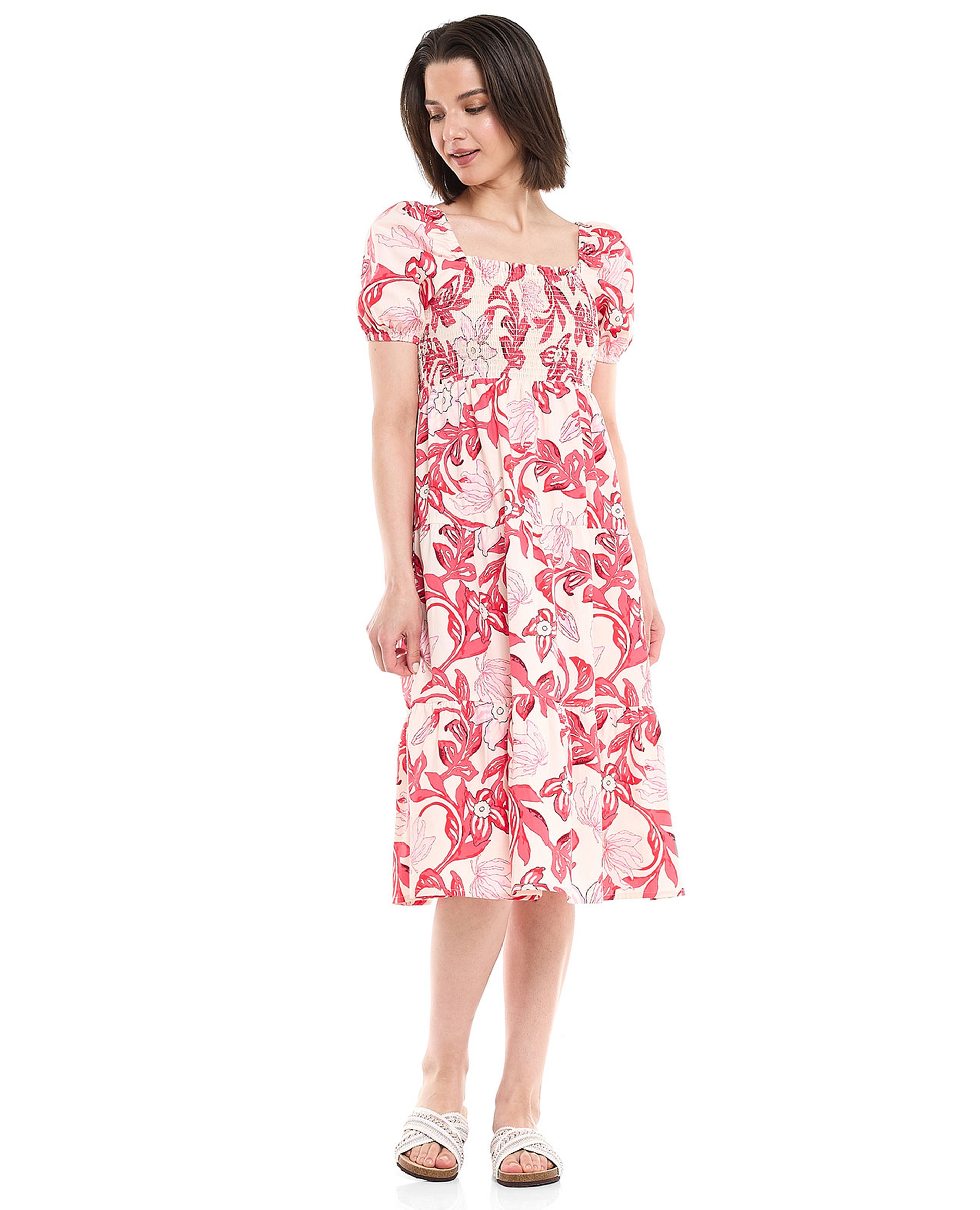 فستان ميدي بطبعة وياقة مربعة وأكمام باف