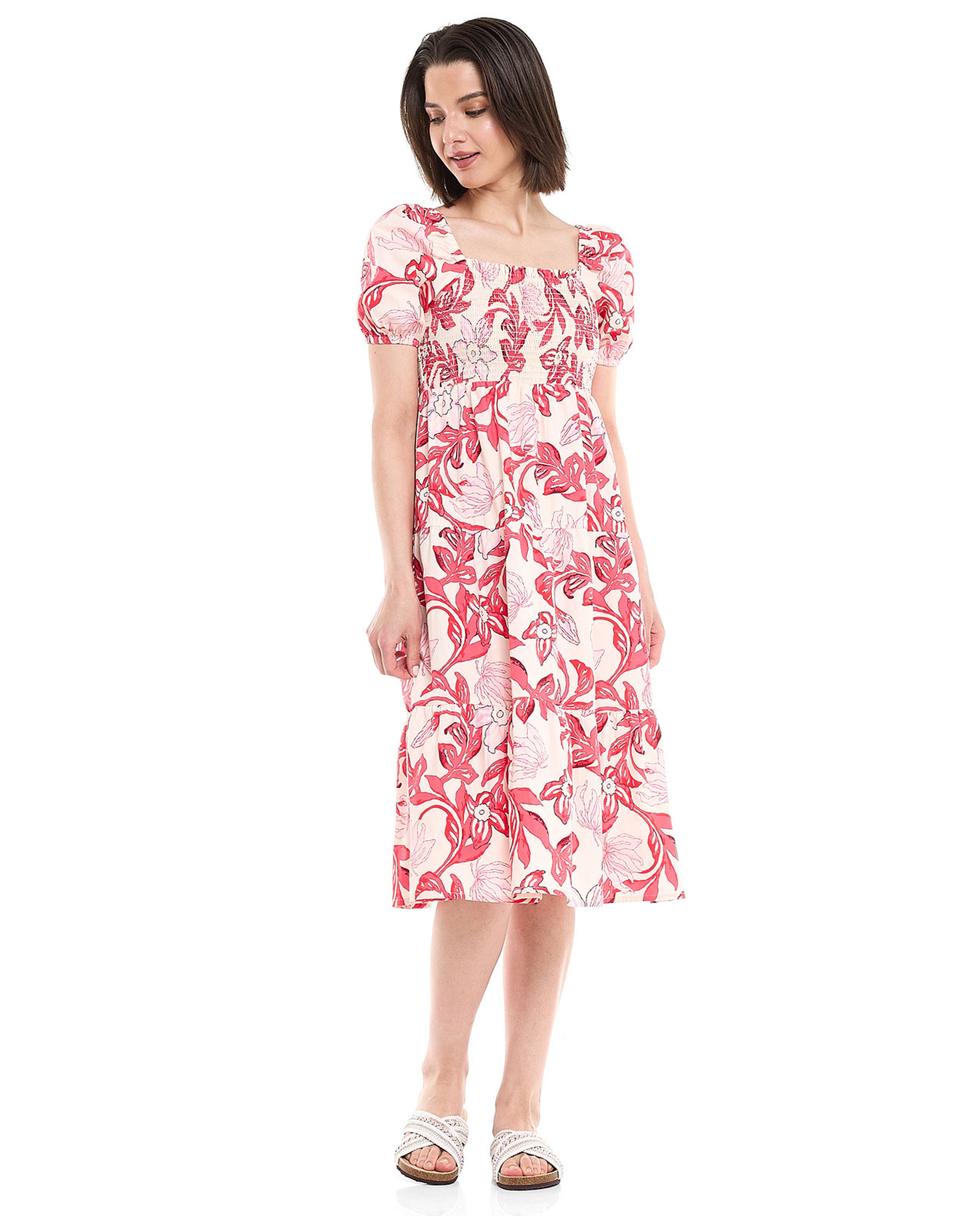 Printed Midi Dress with Square Neck and Puff Sleeves