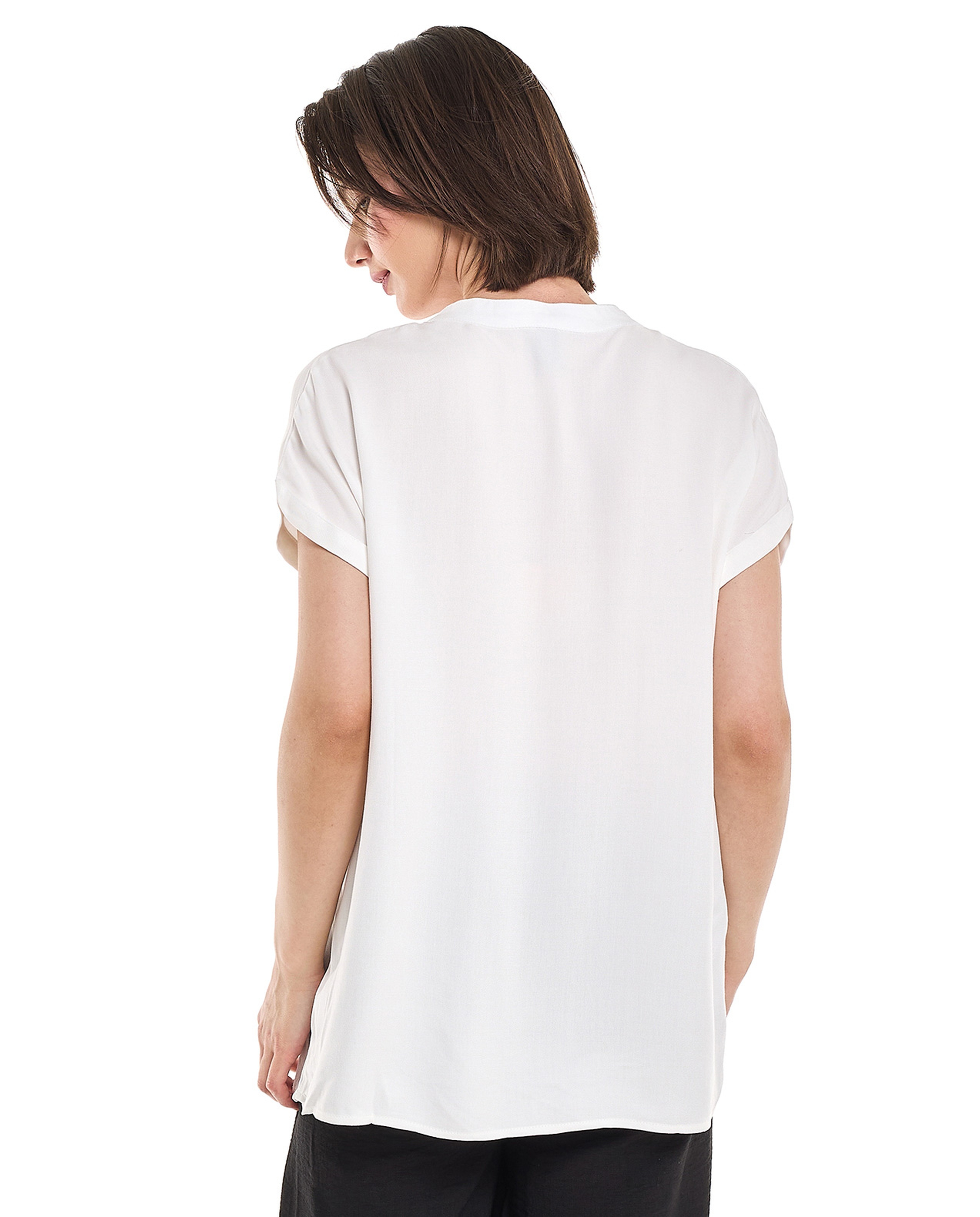 Button Detail Top with Stand Collar and Short Sleeves