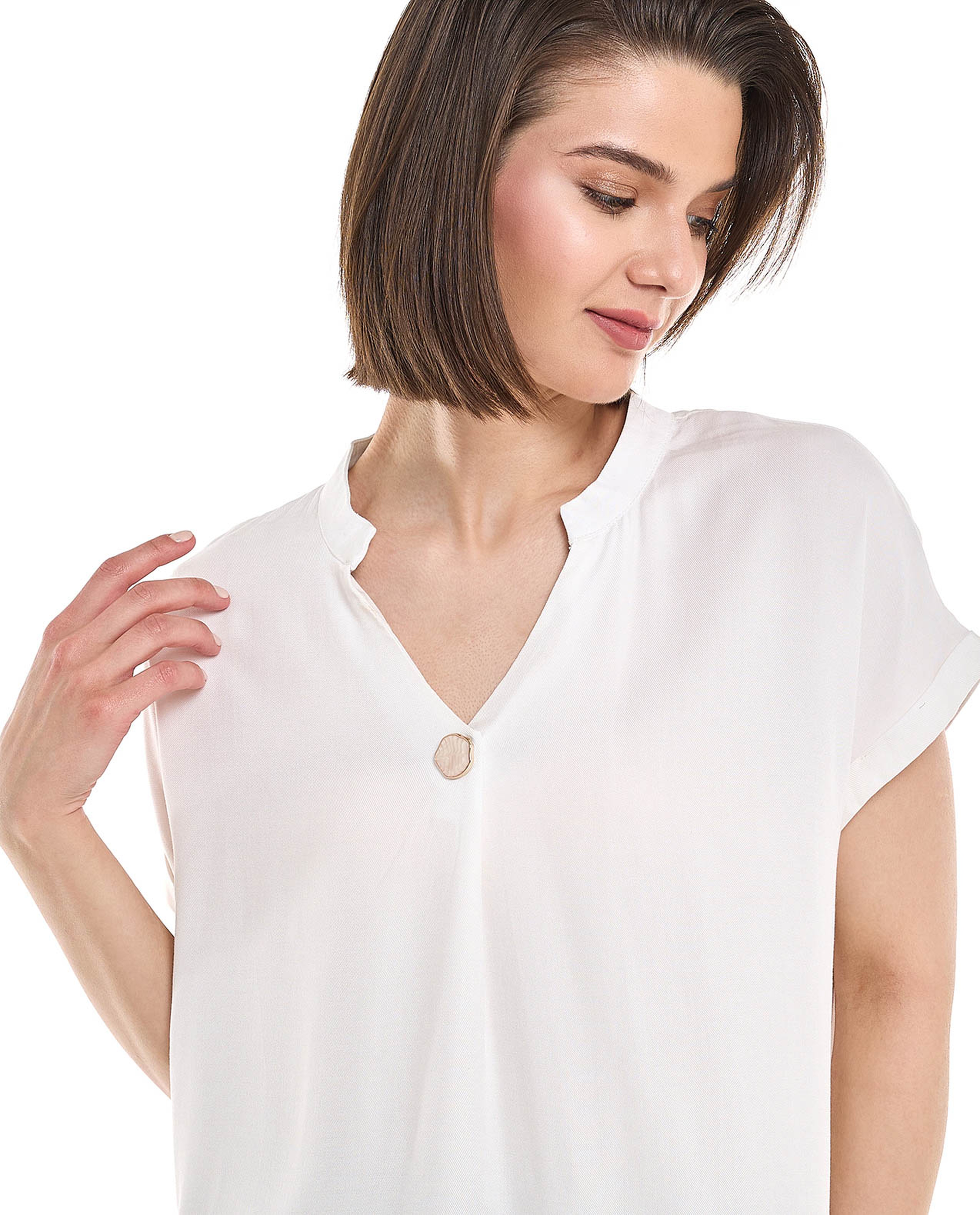 Button Detail Top with Stand Collar and Short Sleeves