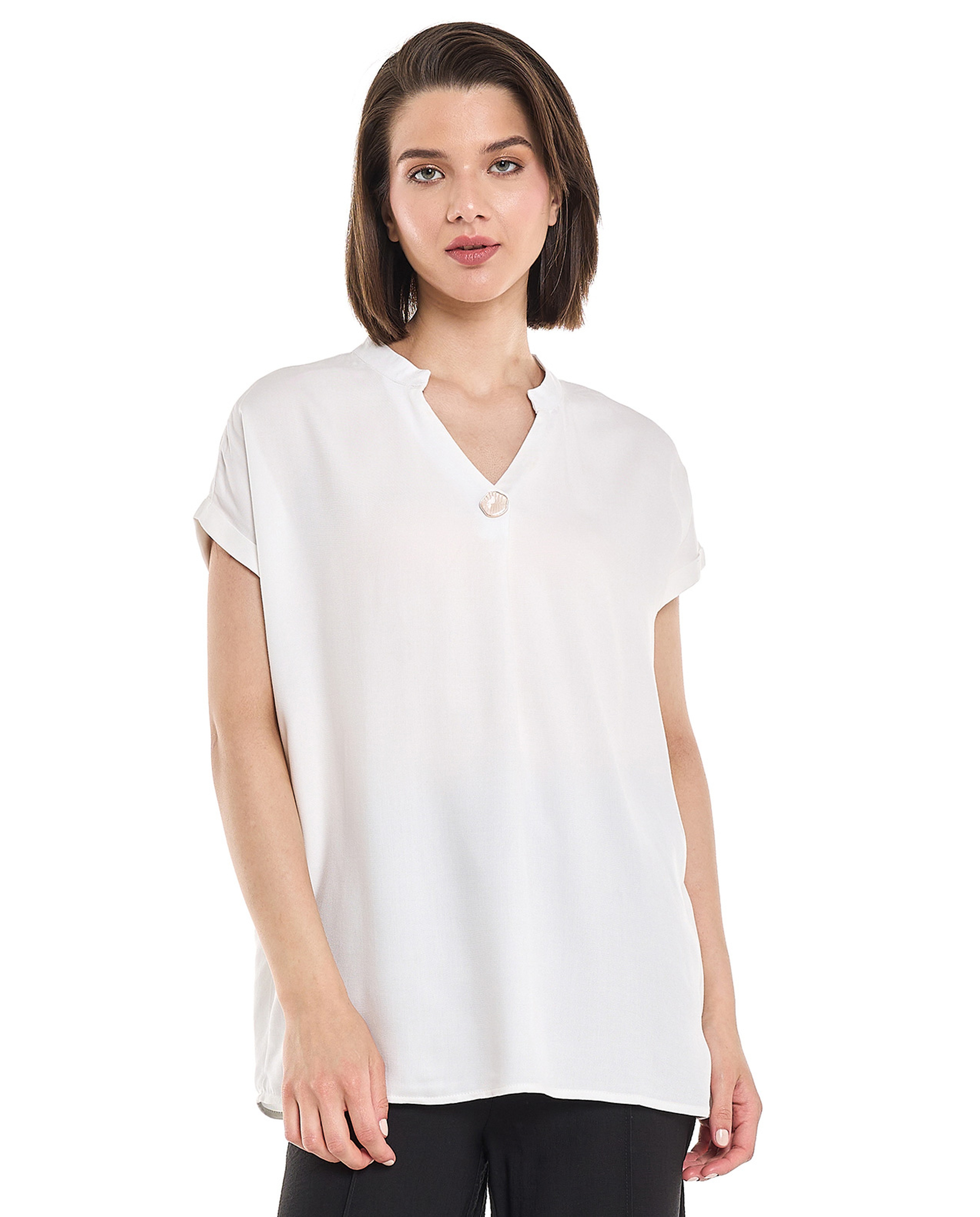 Button Detail Top with Stand Collar and Short Sleeves