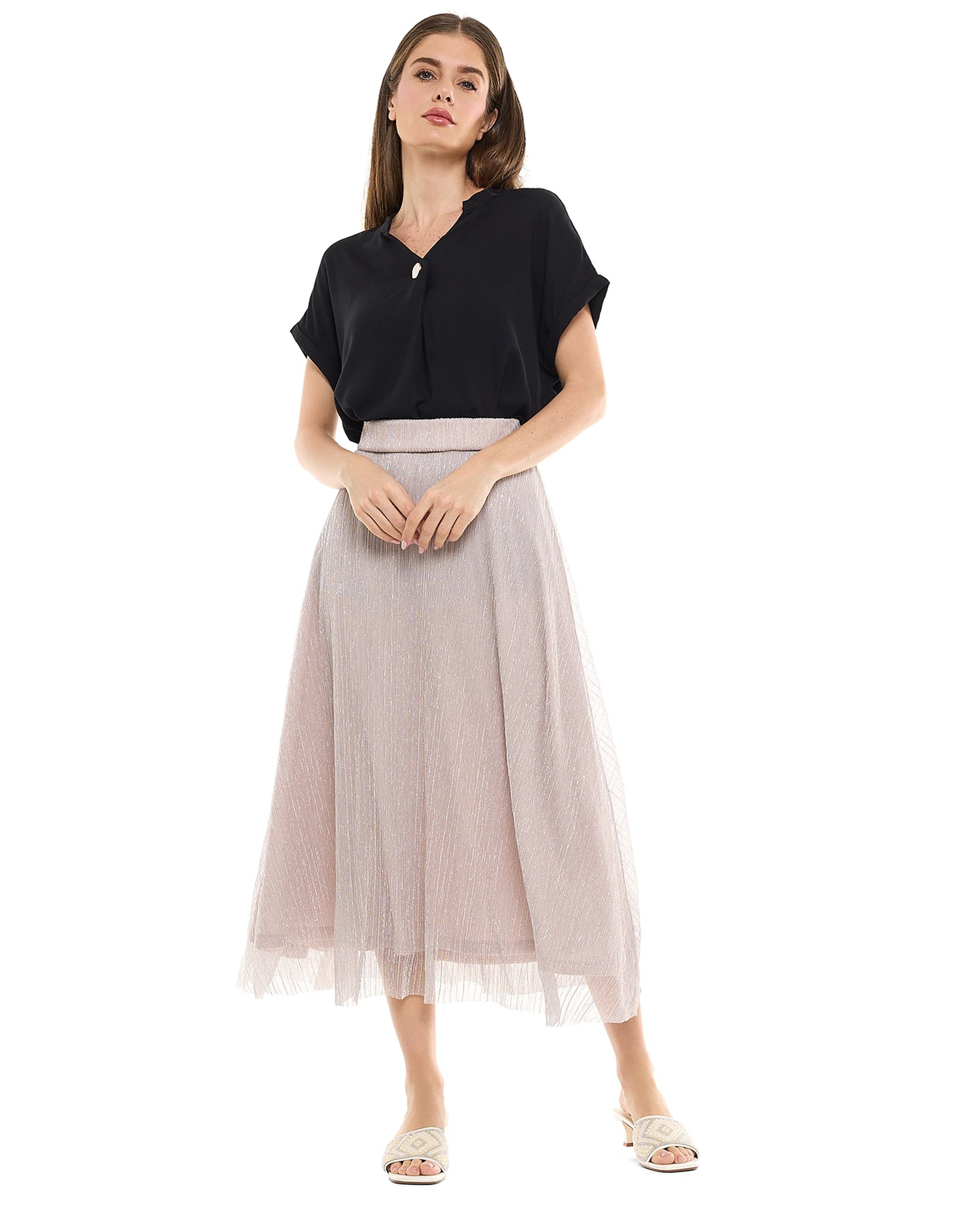 Button Detail Top with Stand Collar and Short Sleeves