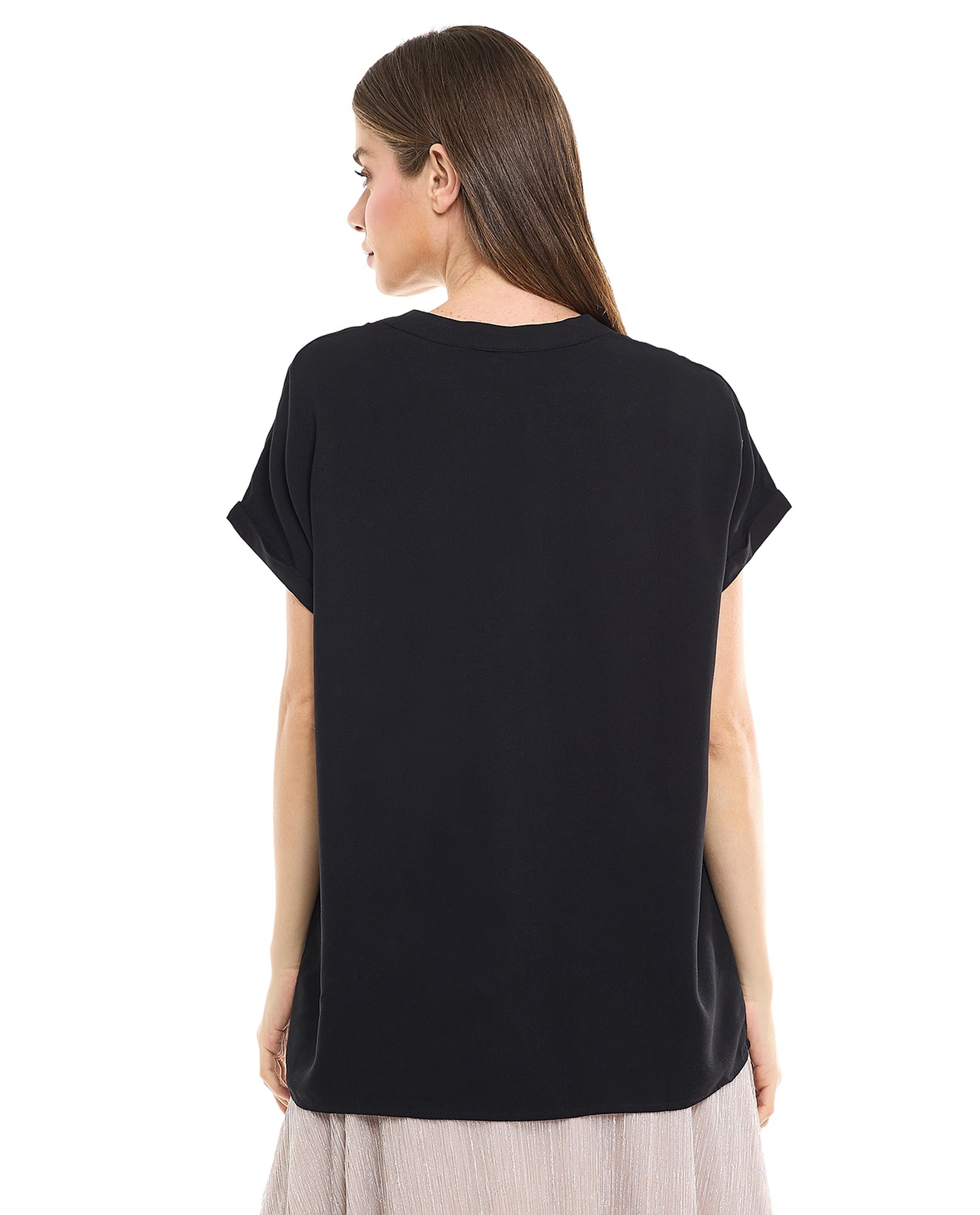 Button Detail Top with Stand Collar and Short Sleeves