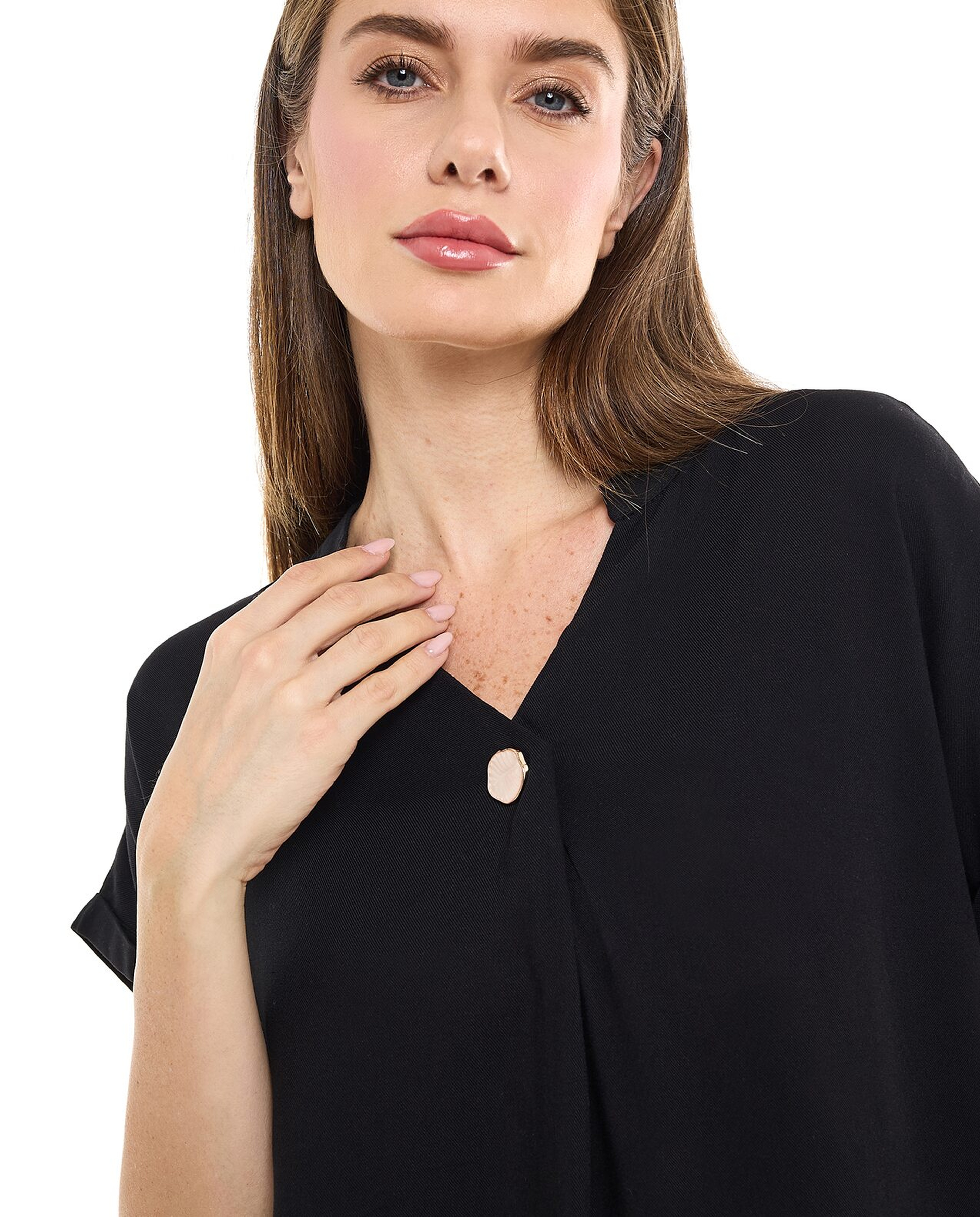 Button Detail Top with Stand Collar and Short Sleeves