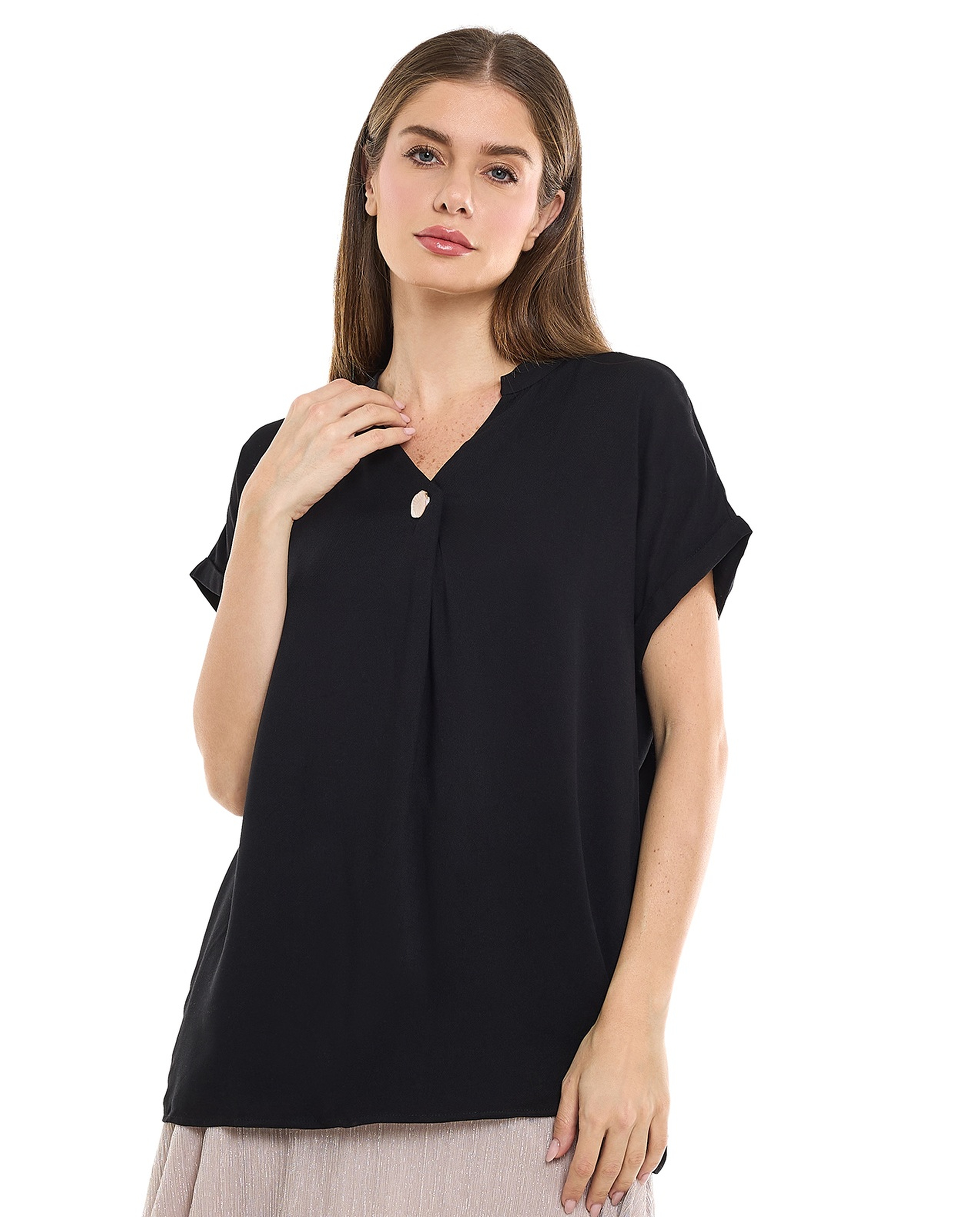 Button Detail Top with Stand Collar and Short Sleeves