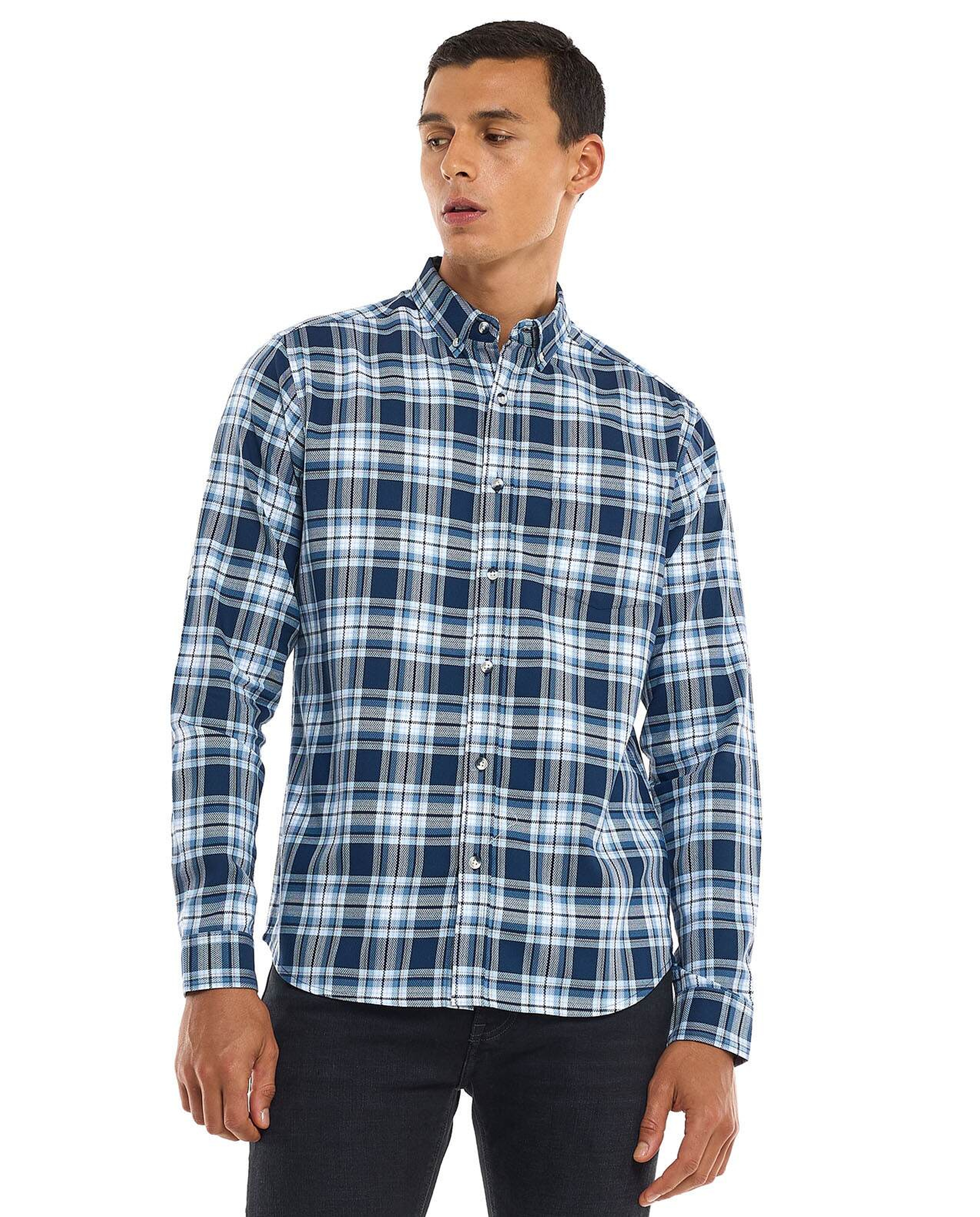 Plaid Shirt with Button-Down Collar and Long Sleeves