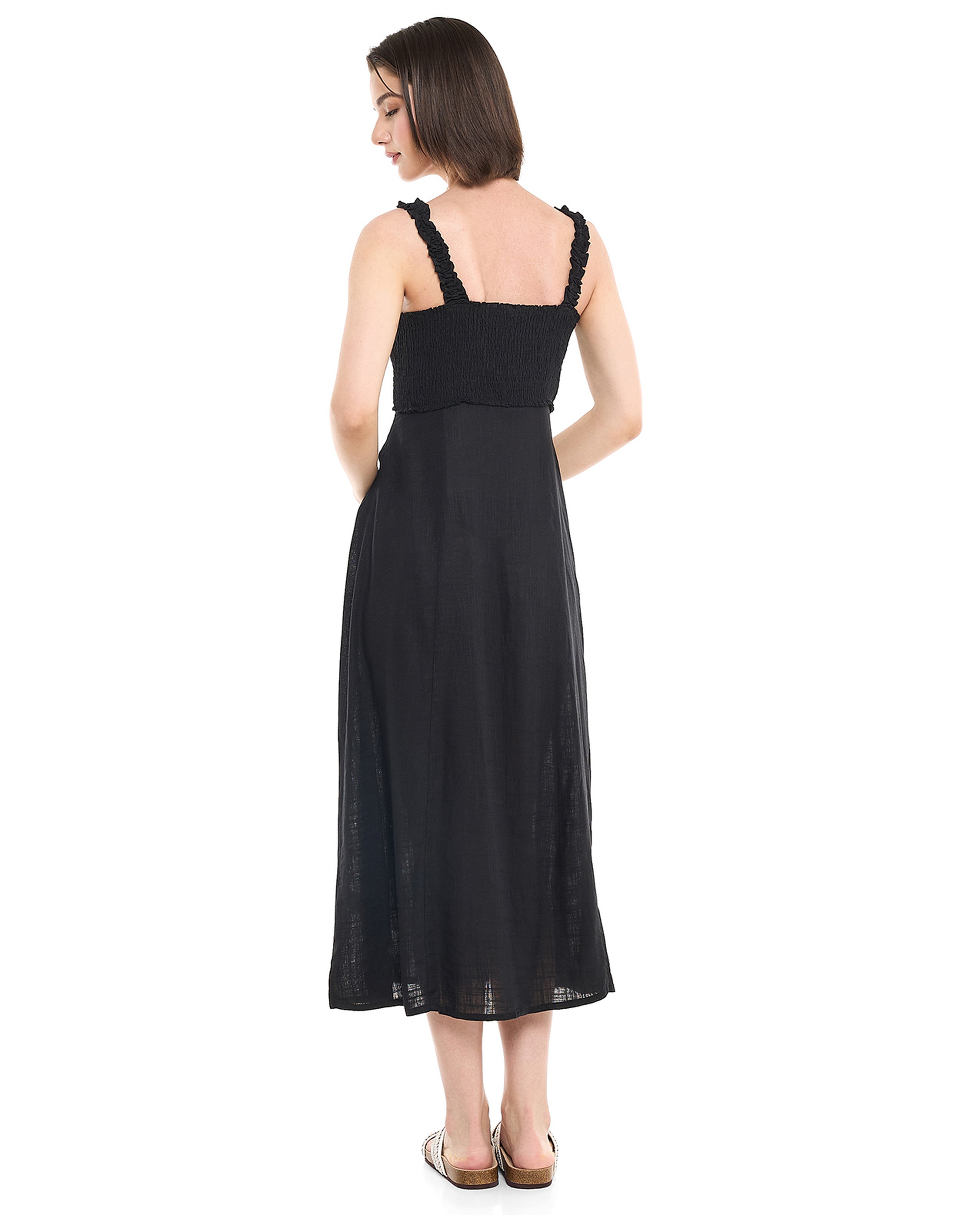 Smocked Strappy Midi Dress with Square Neck