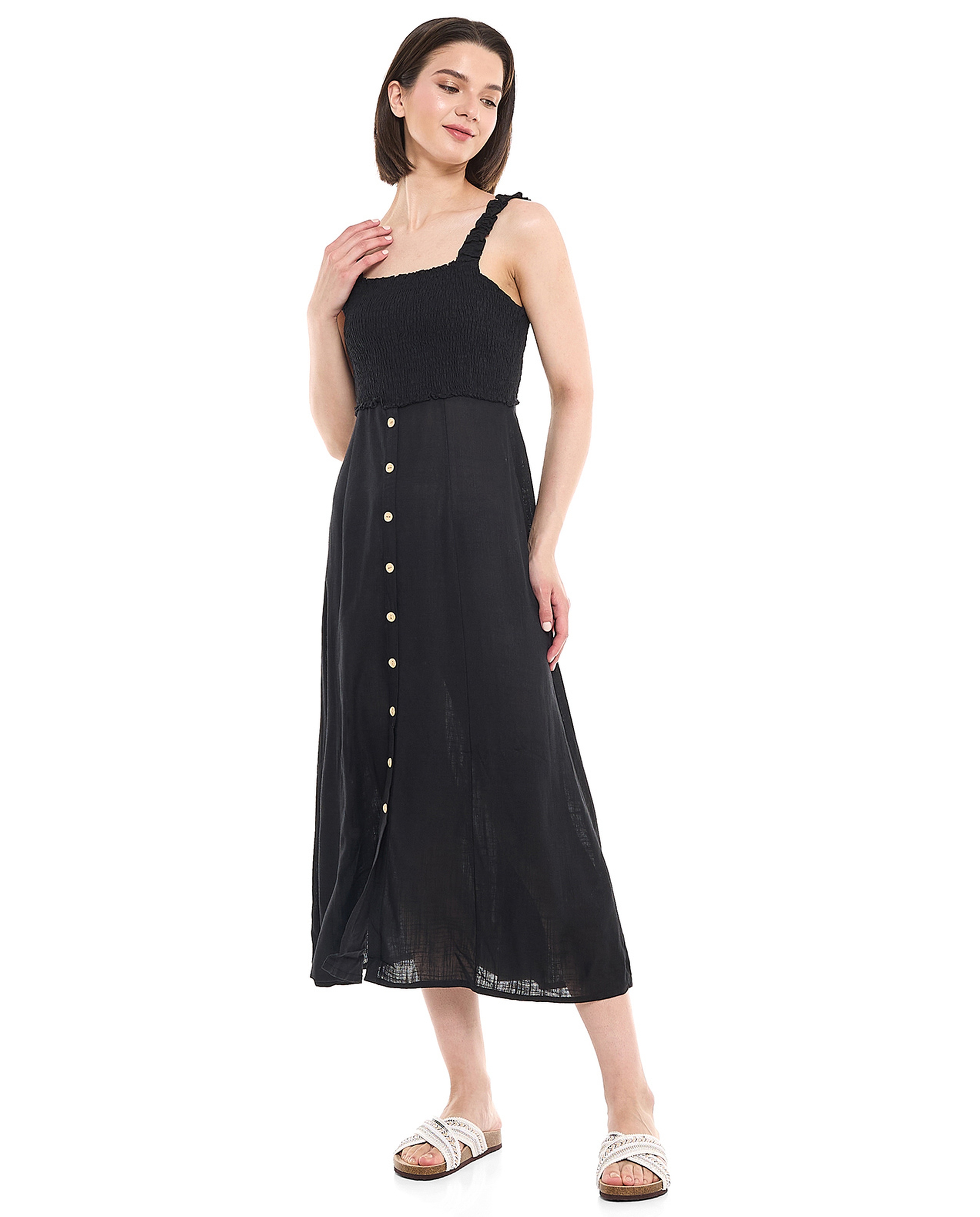 Smocked Strappy Midi Dress with Square Neck