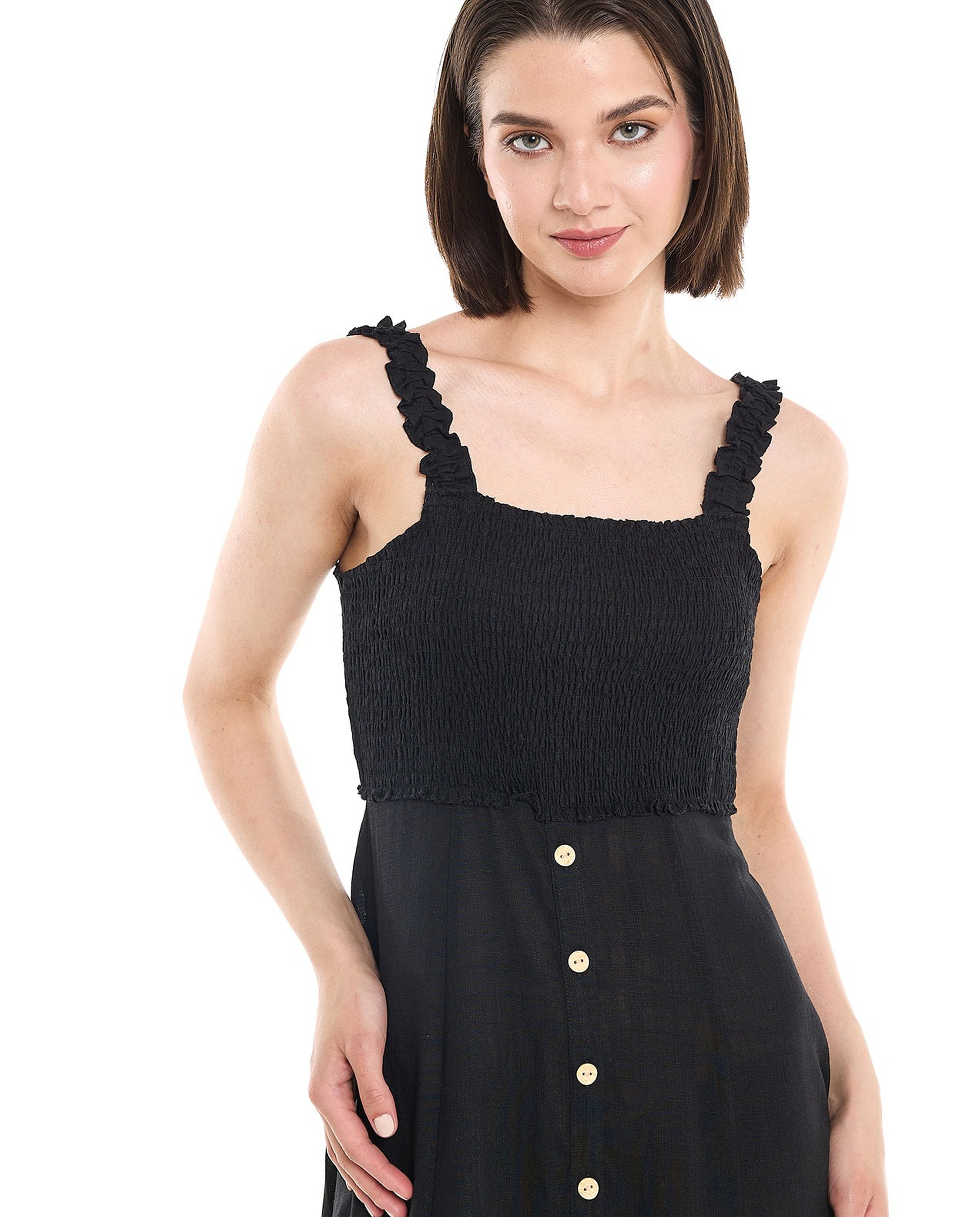 Smocked Strappy Midi Dress with Square Neck