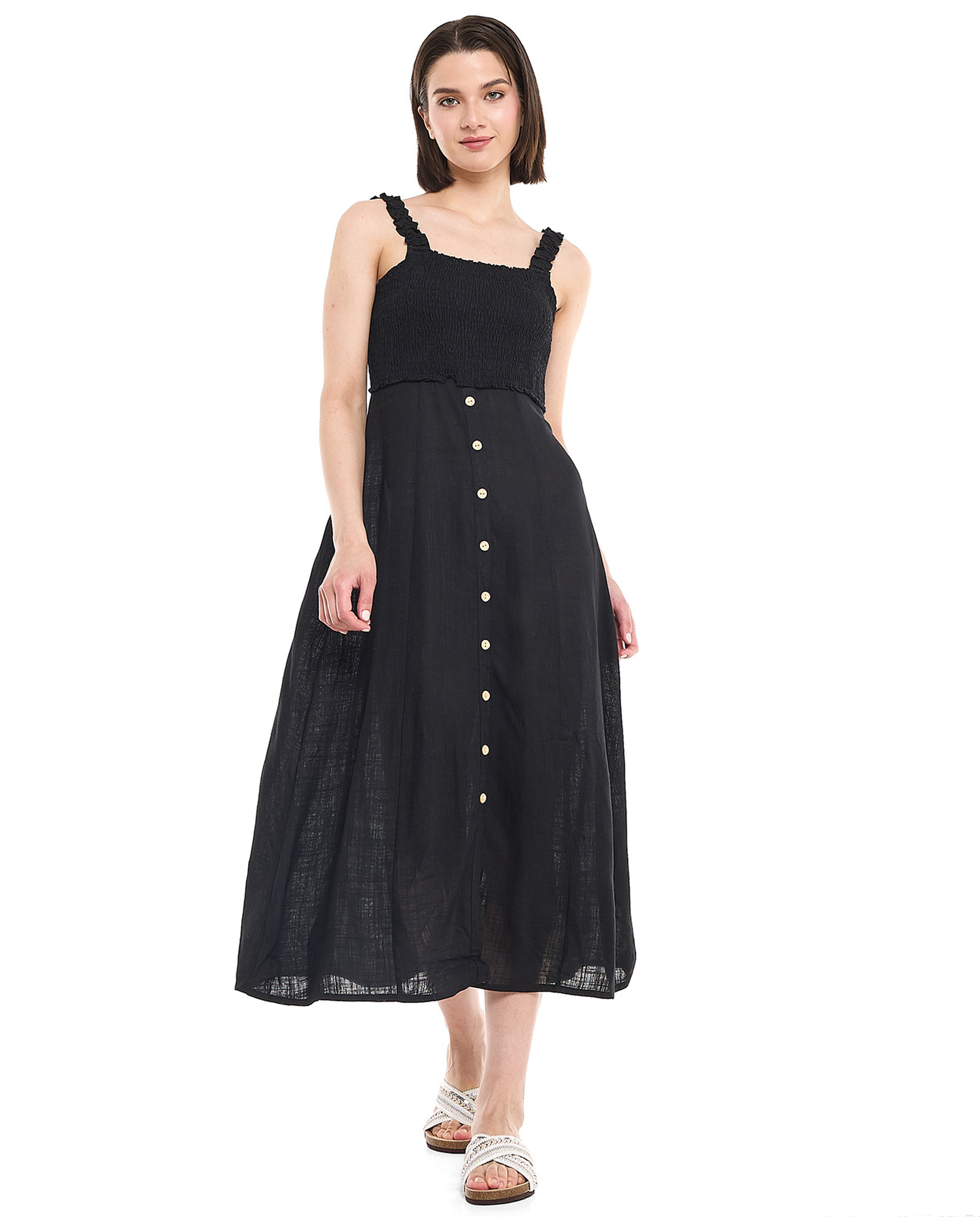 Smocked Strappy Midi Dress with Square Neck