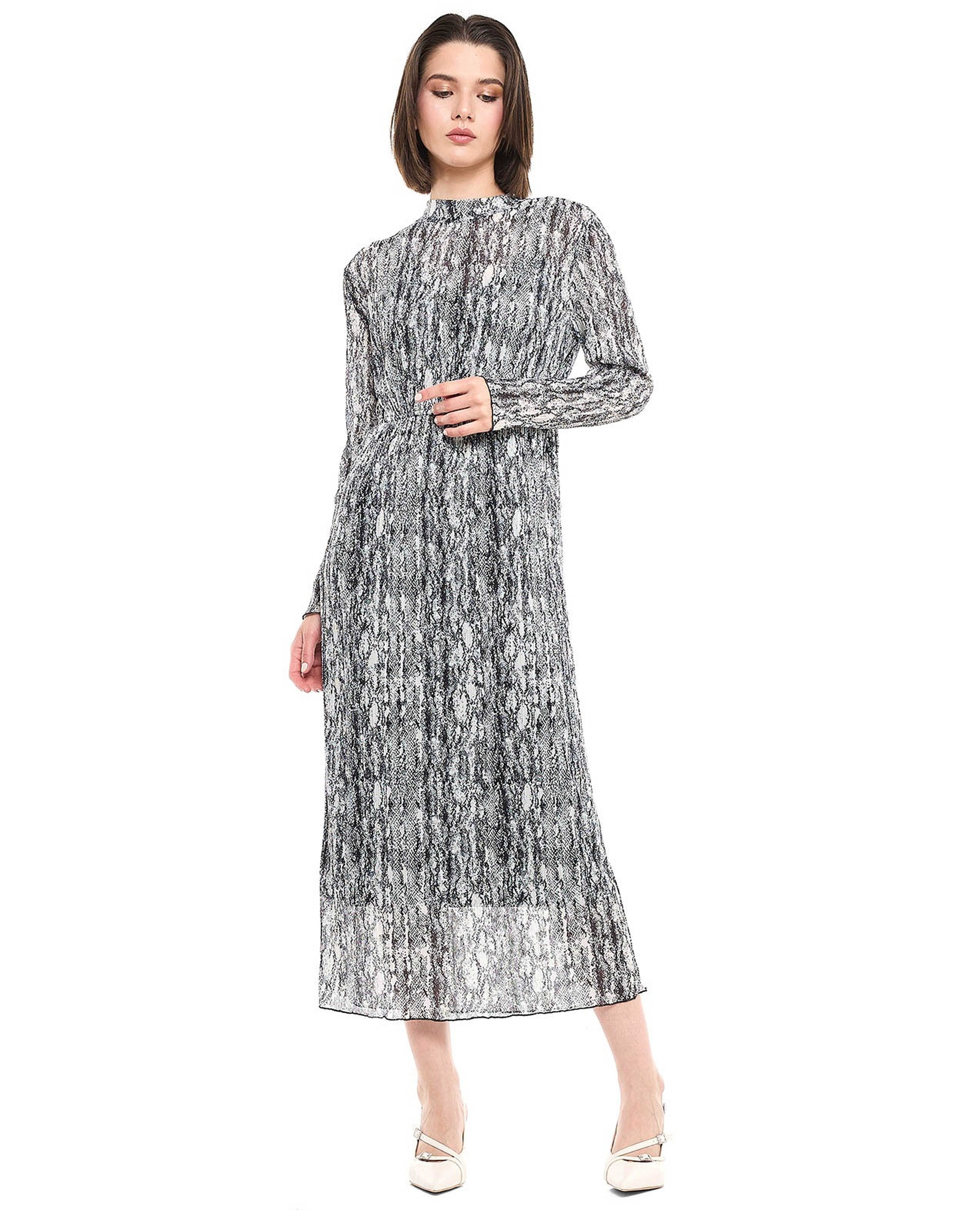 Snake Printed Midi Dress with Mock Neck and Long Sleeves