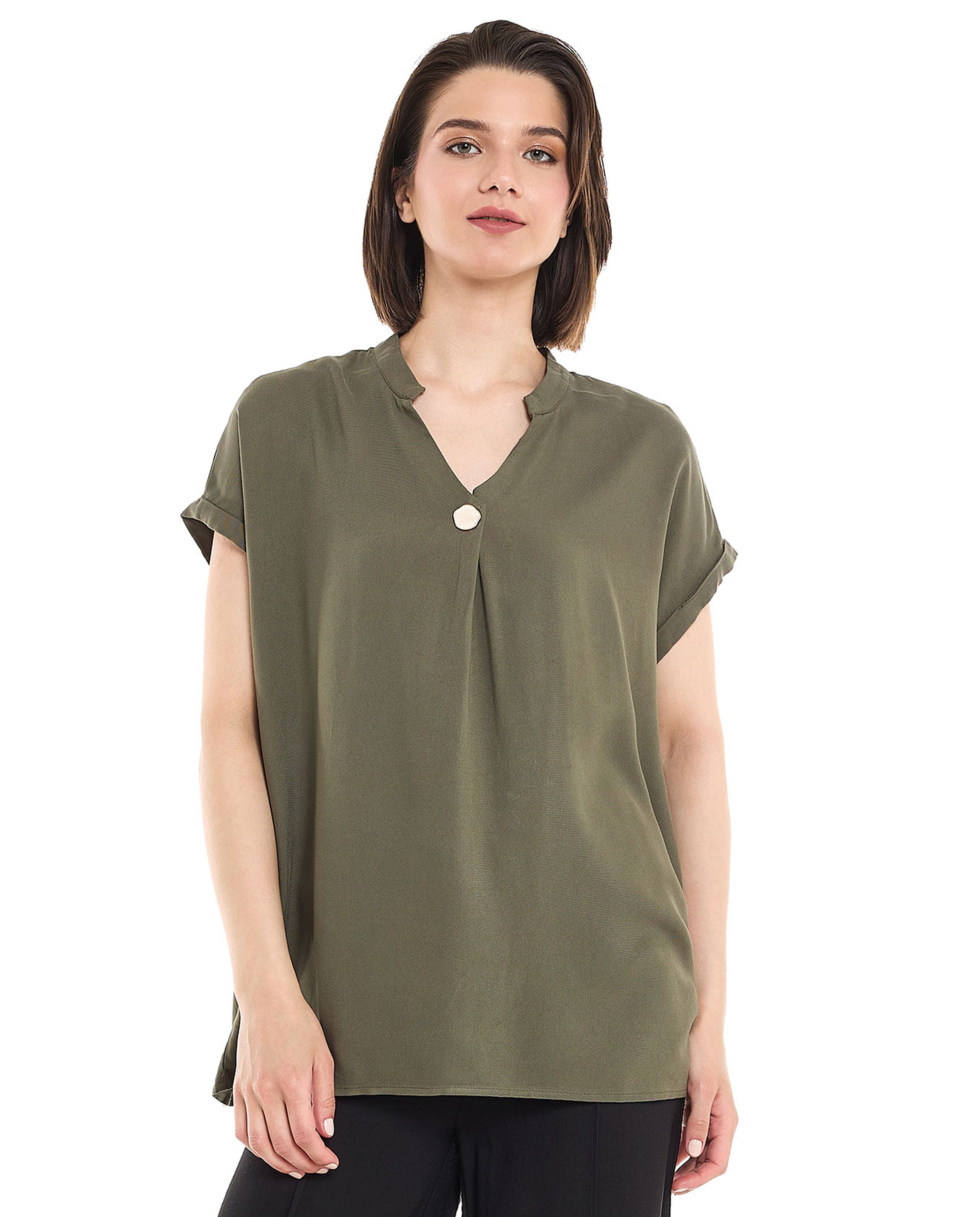 Button Detail Top with Stand Collar and Short Sleeves