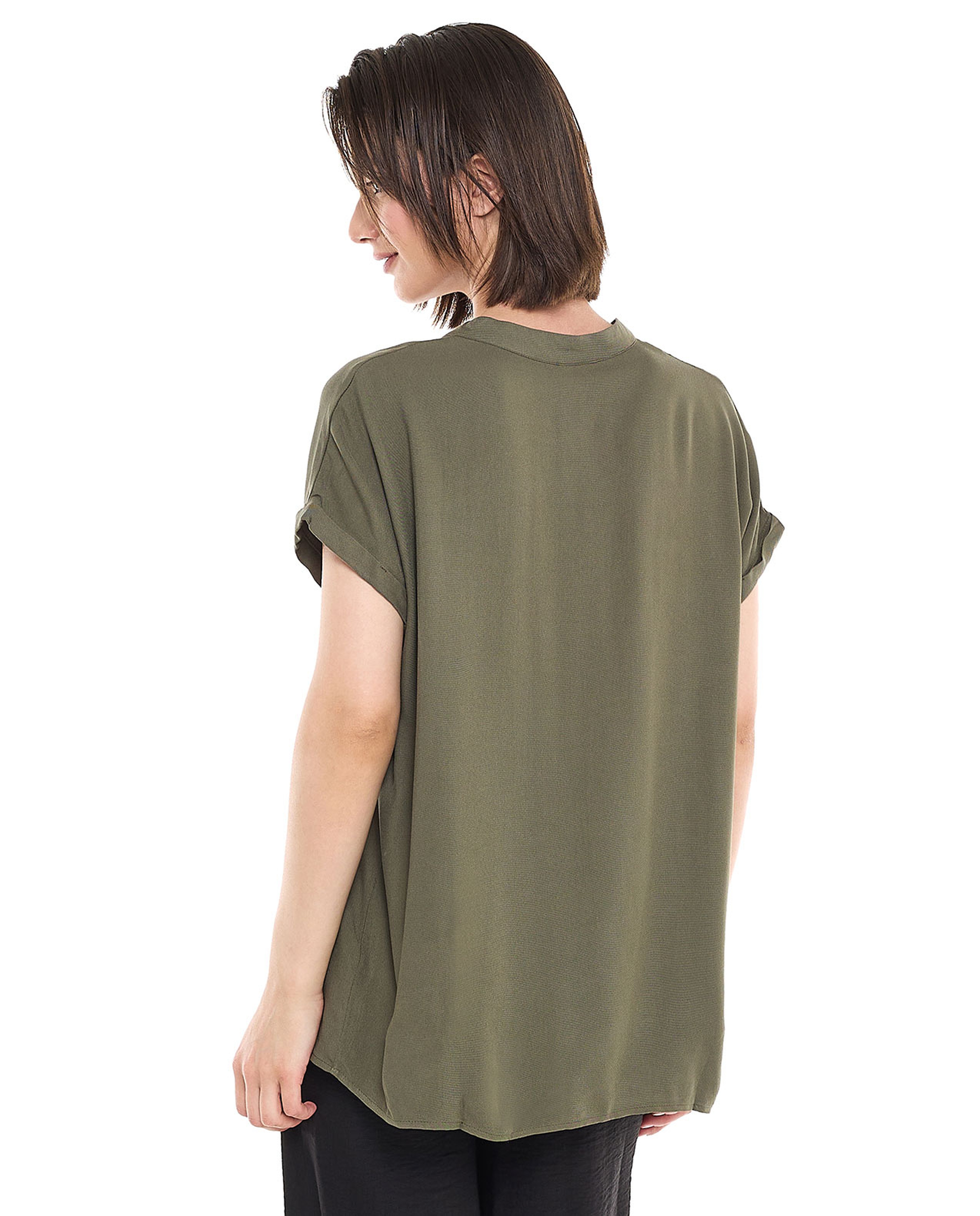 Button Detail Top with Stand Collar and Short Sleeves