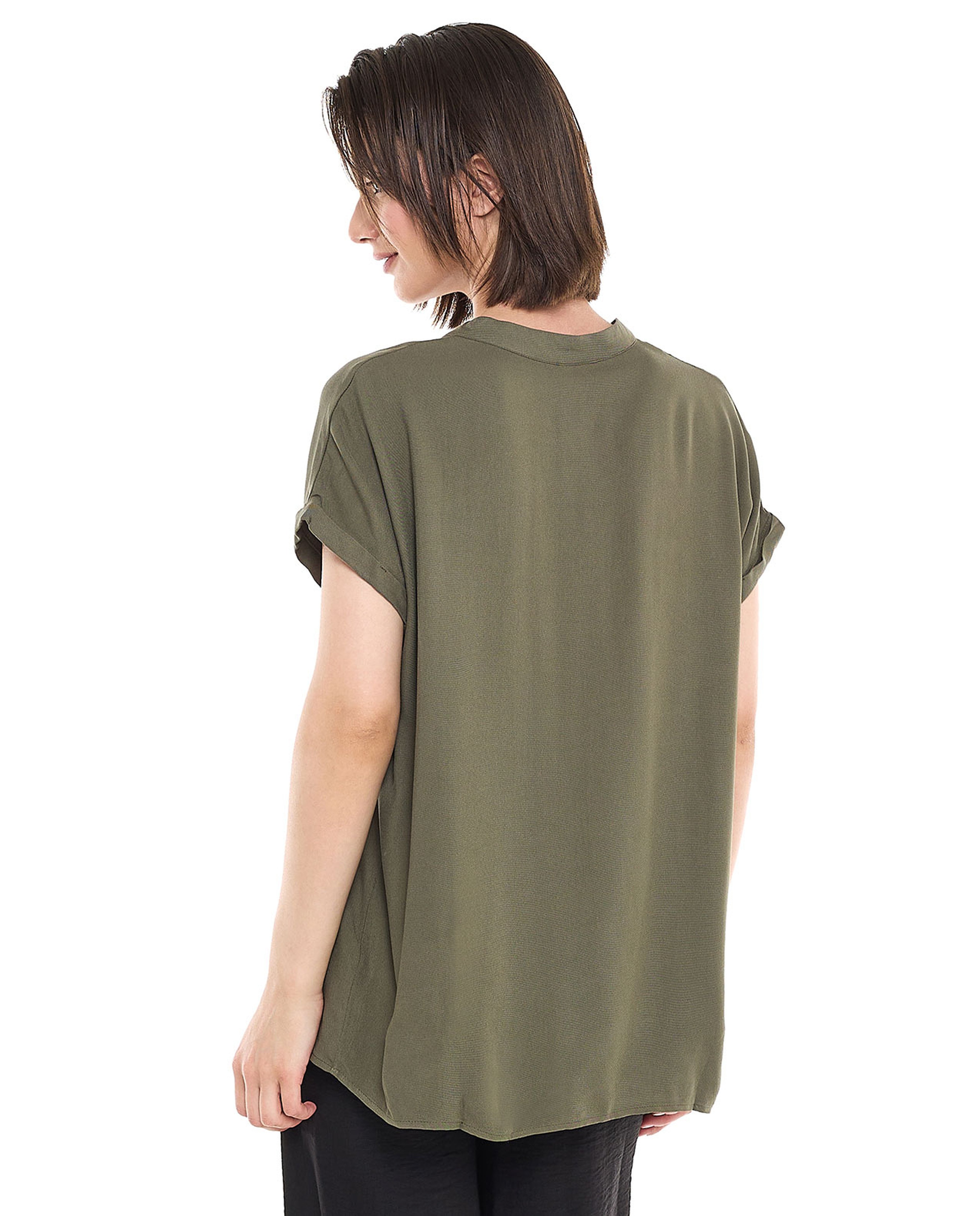 Button Detail Top with Stand Collar and Short Sleeves