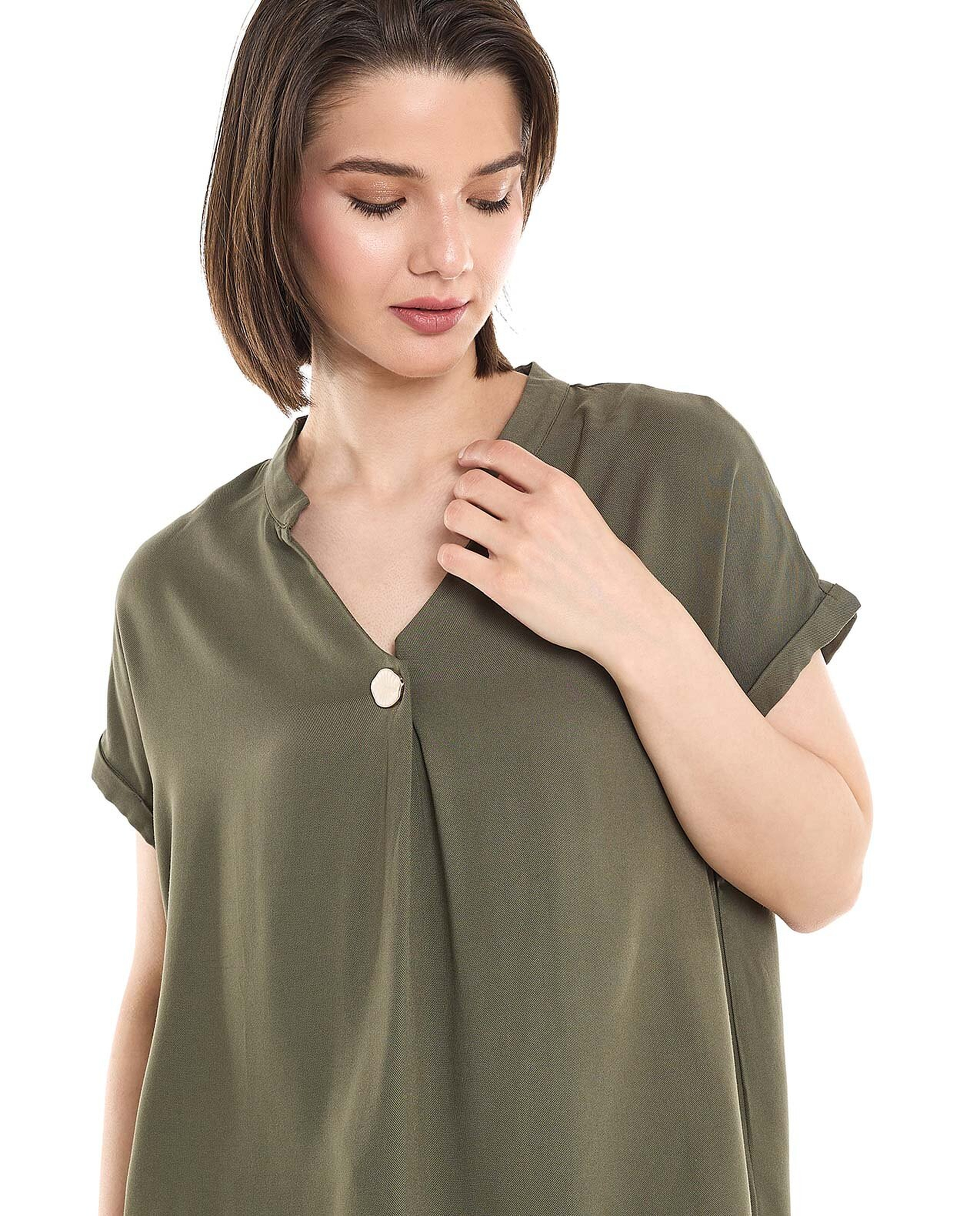 Button Detail Top with Stand Collar and Short Sleeves