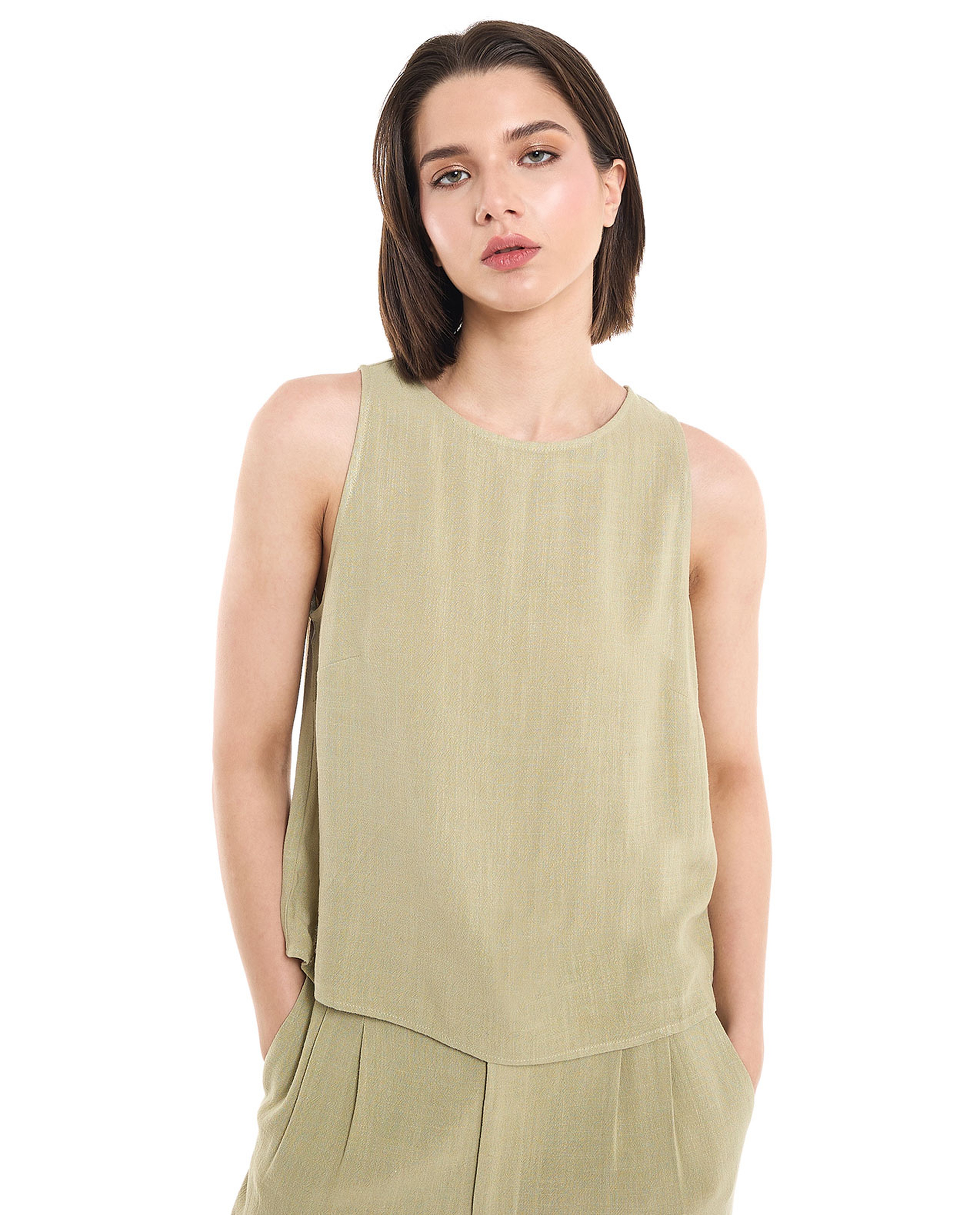 Solid Sleeveless Top with Crew Neck
