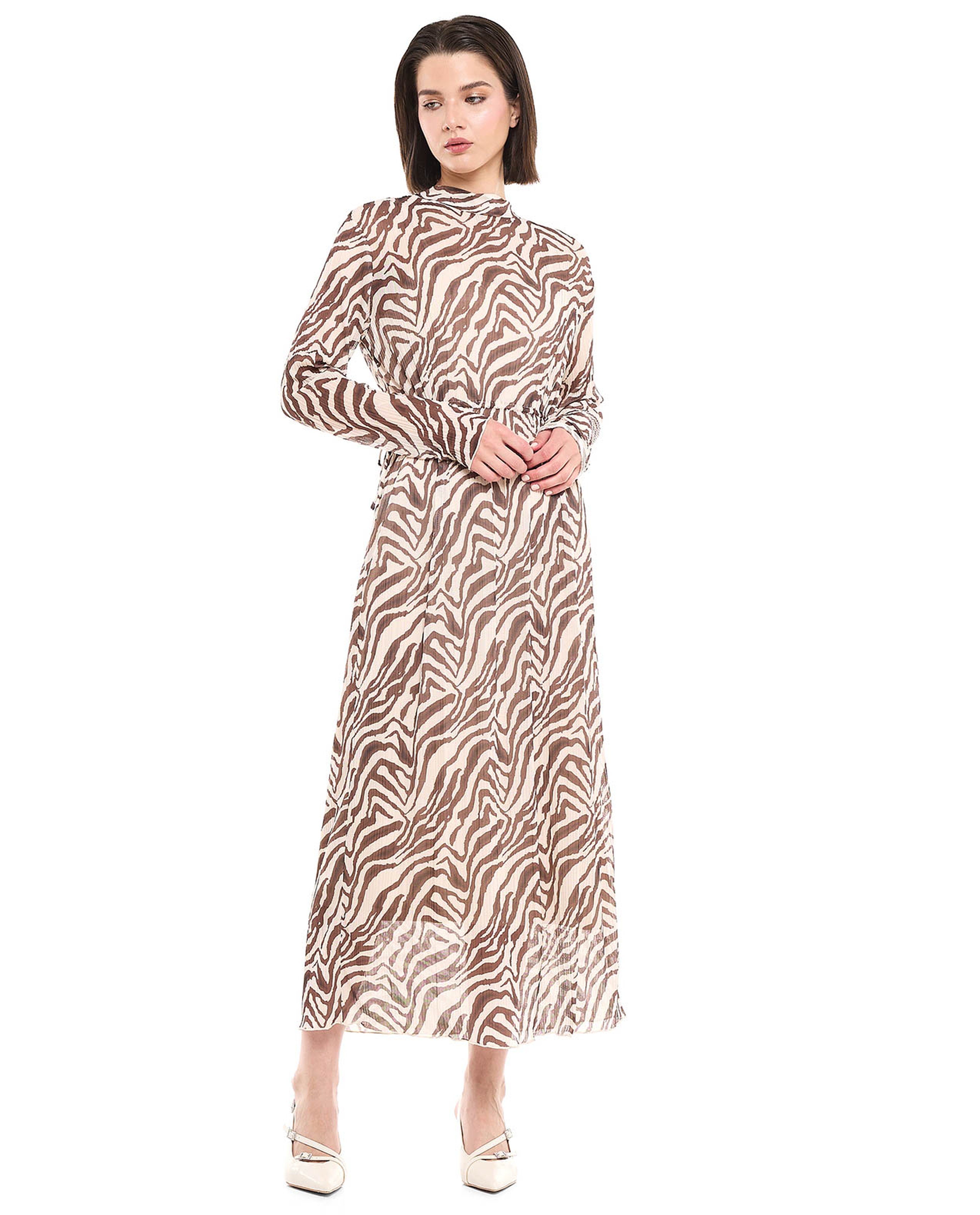 Patterned Midaxi Dress with Mock Neck and Long Sleeves
