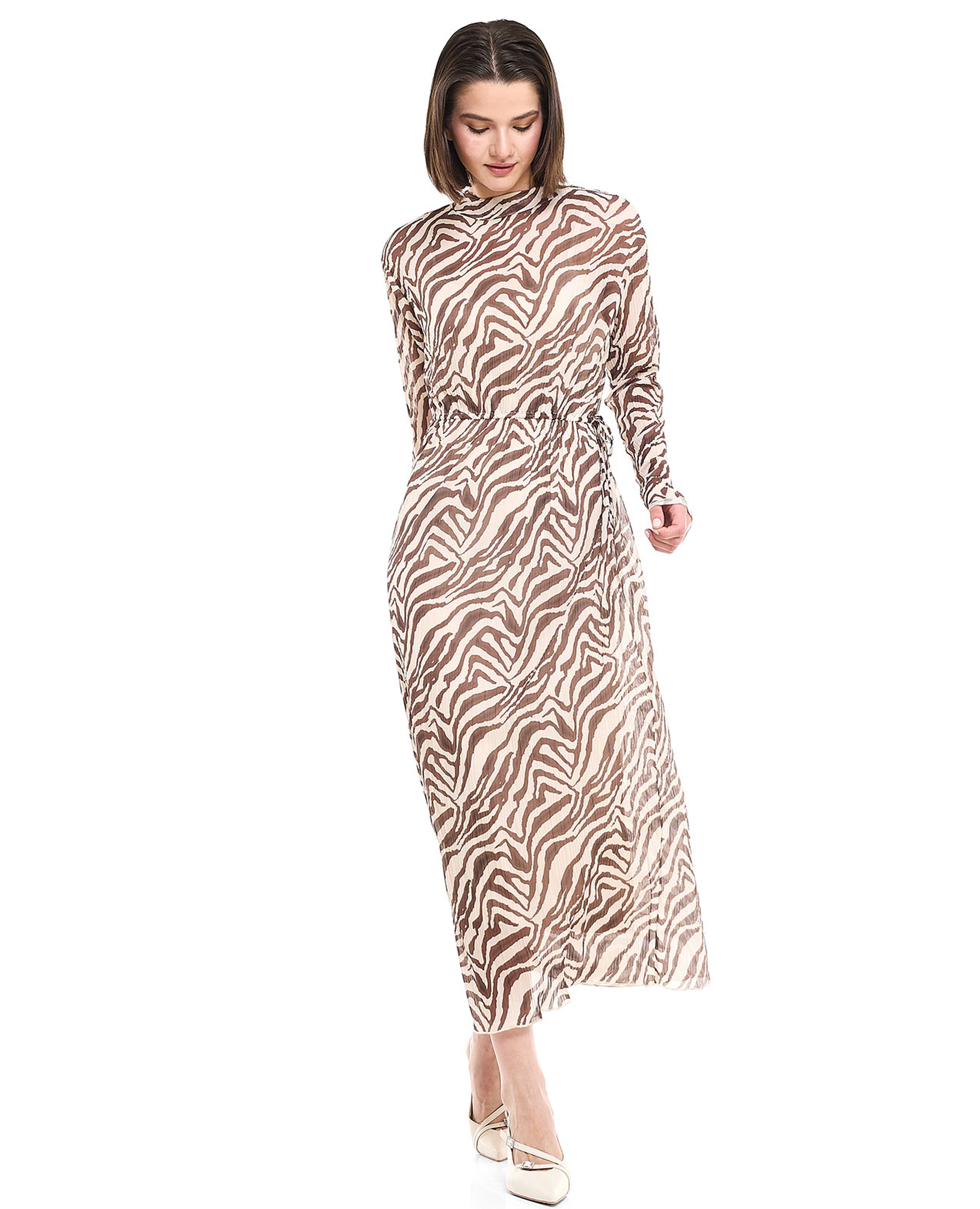 Patterned Midaxi Dress with Mock Neck and Long Sleeves