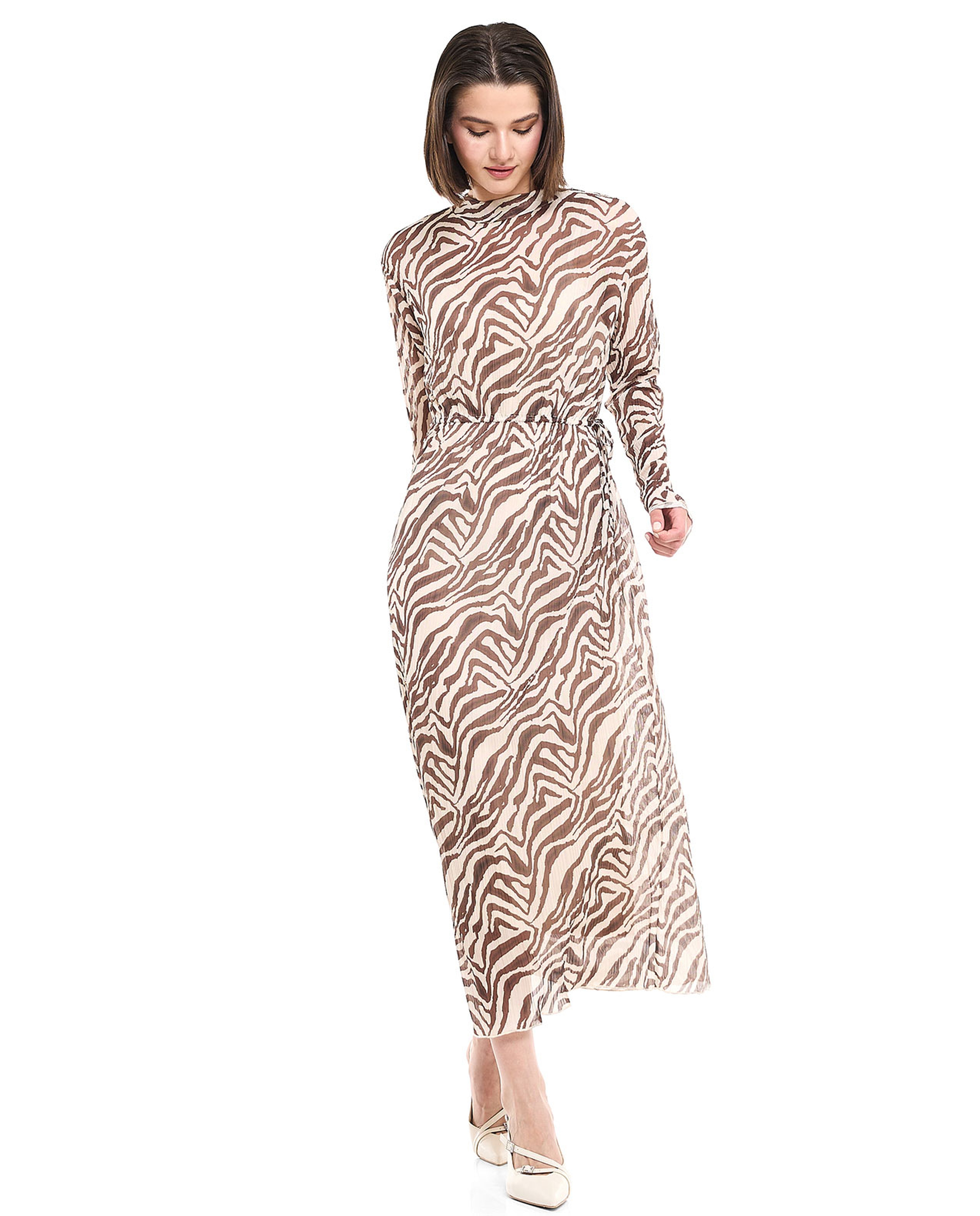 Patterned Midaxi Dress with Mock Neck and Long Sleeves
