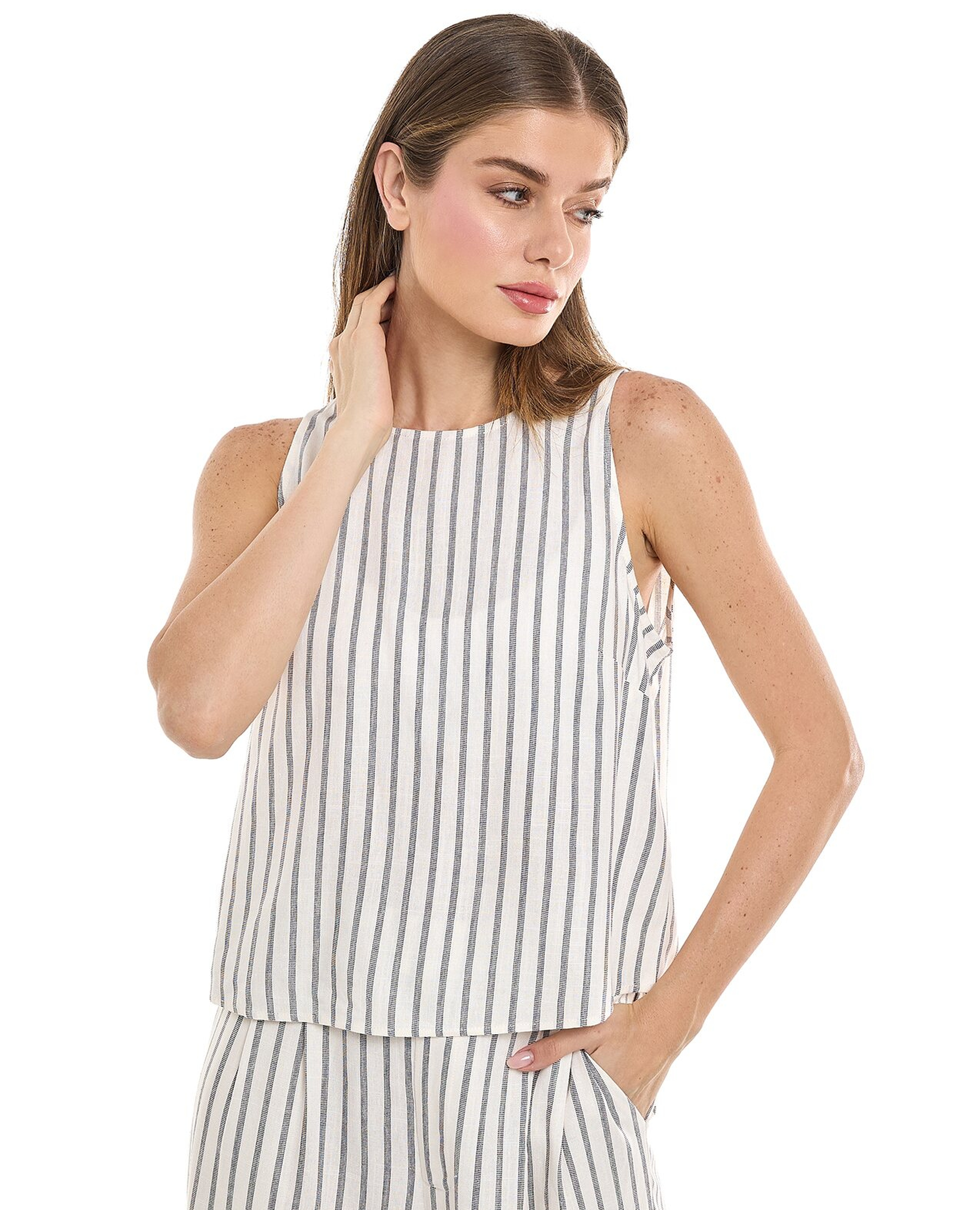 توب مخطط بدون أكمام بياقة مستديرة