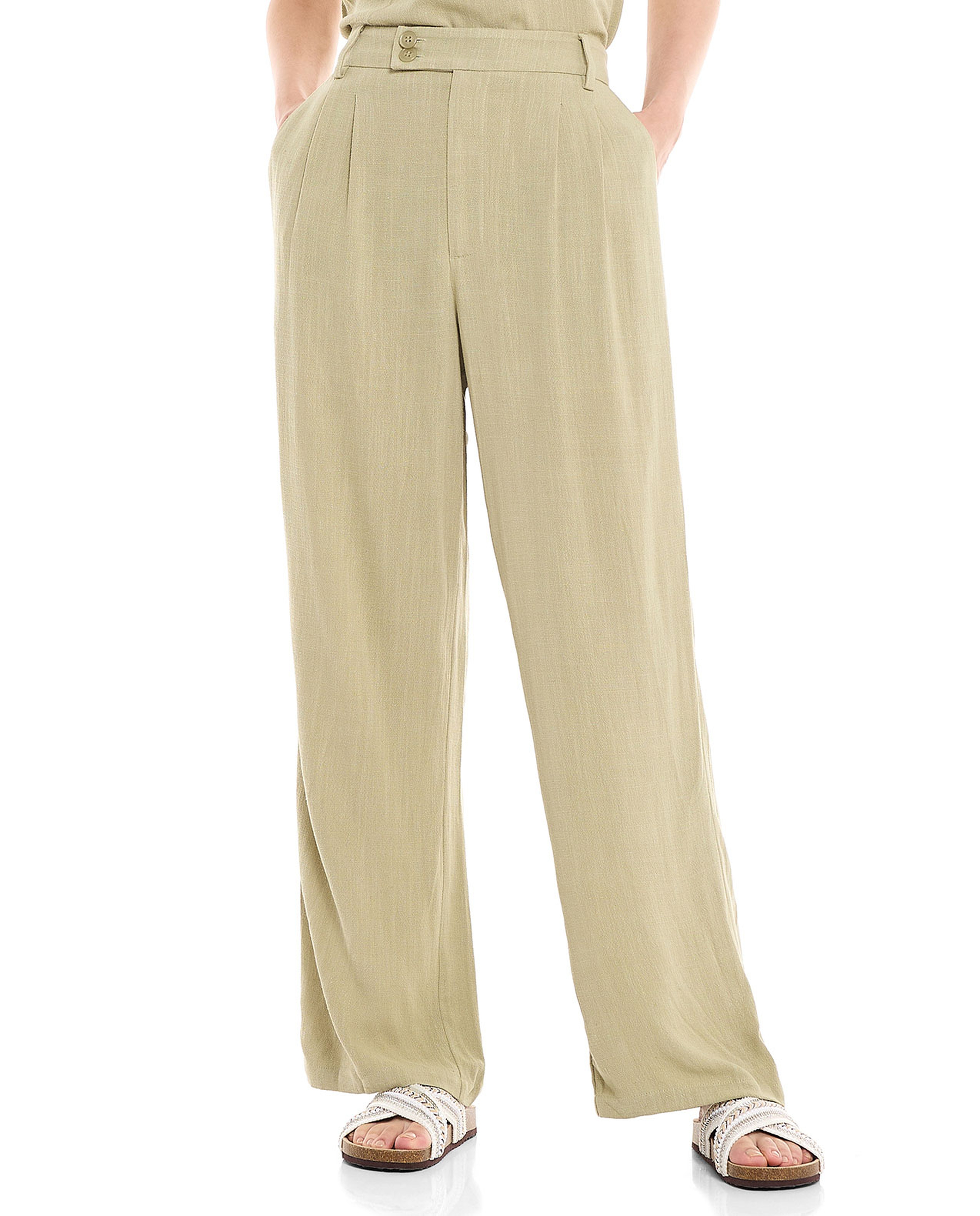 Pleat Detail Wide Leg Pants with Button Closure
