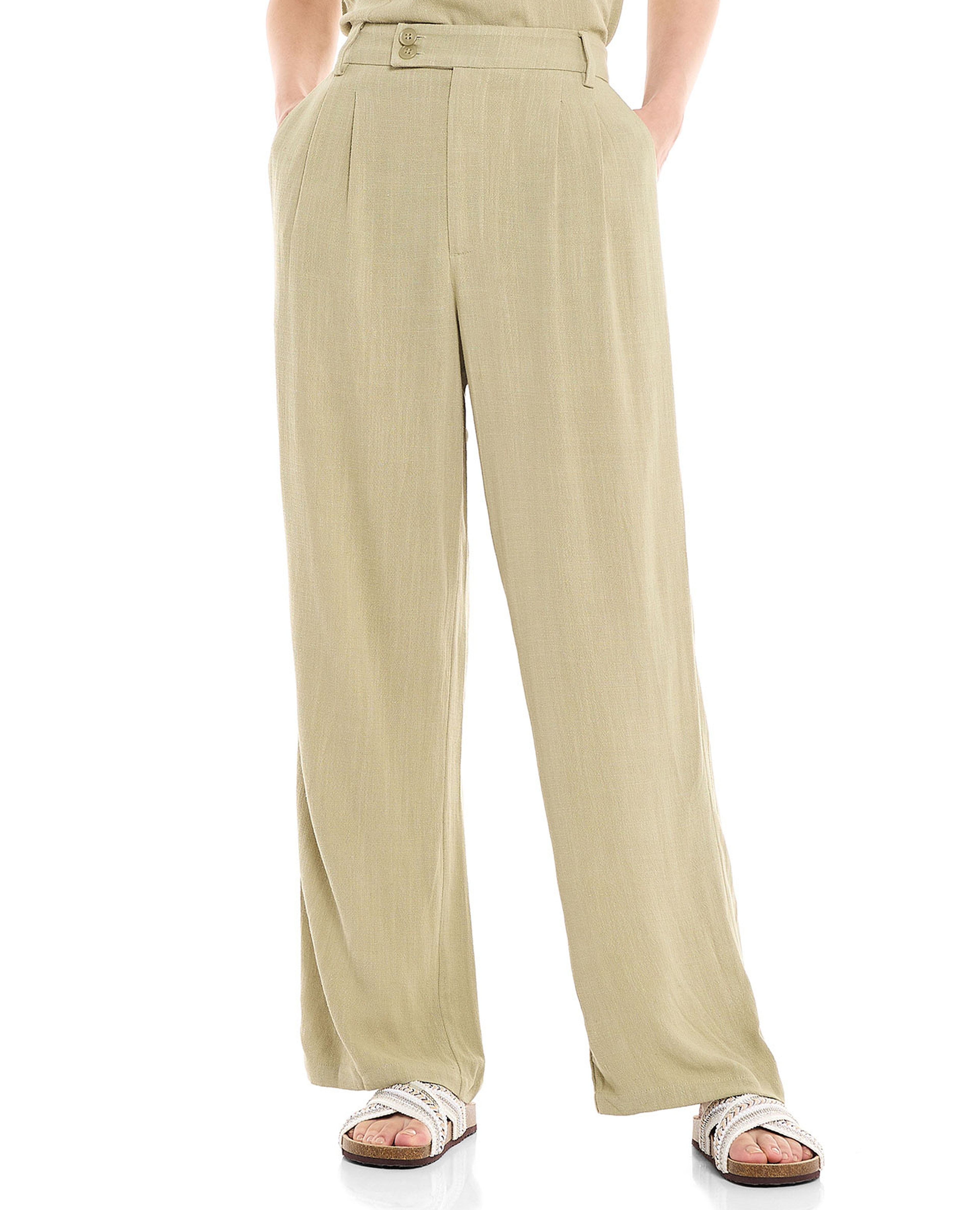 Pleat Detail Wide Leg Pants with Button Closure