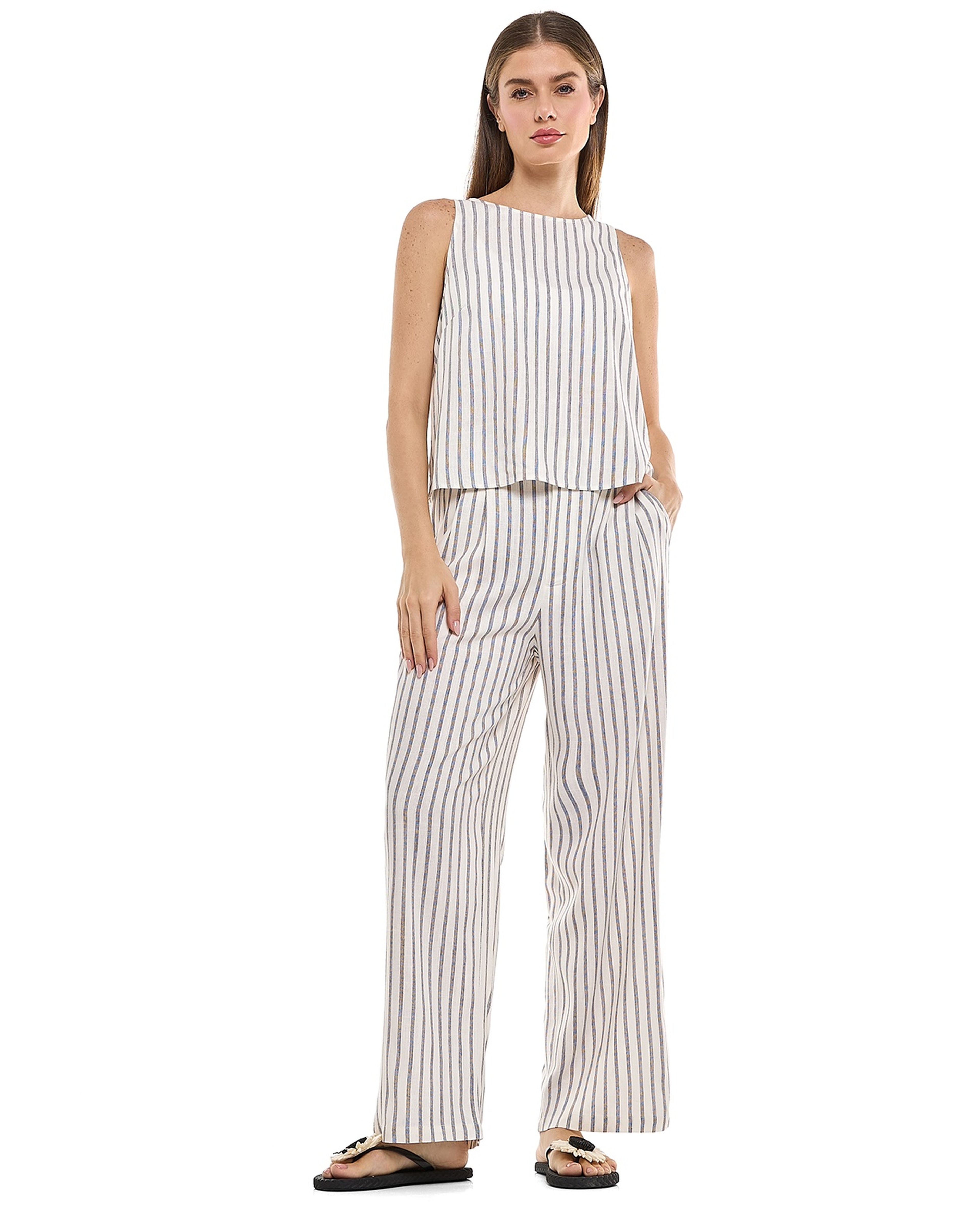 Striped Wide Leg Pants with Button Closure