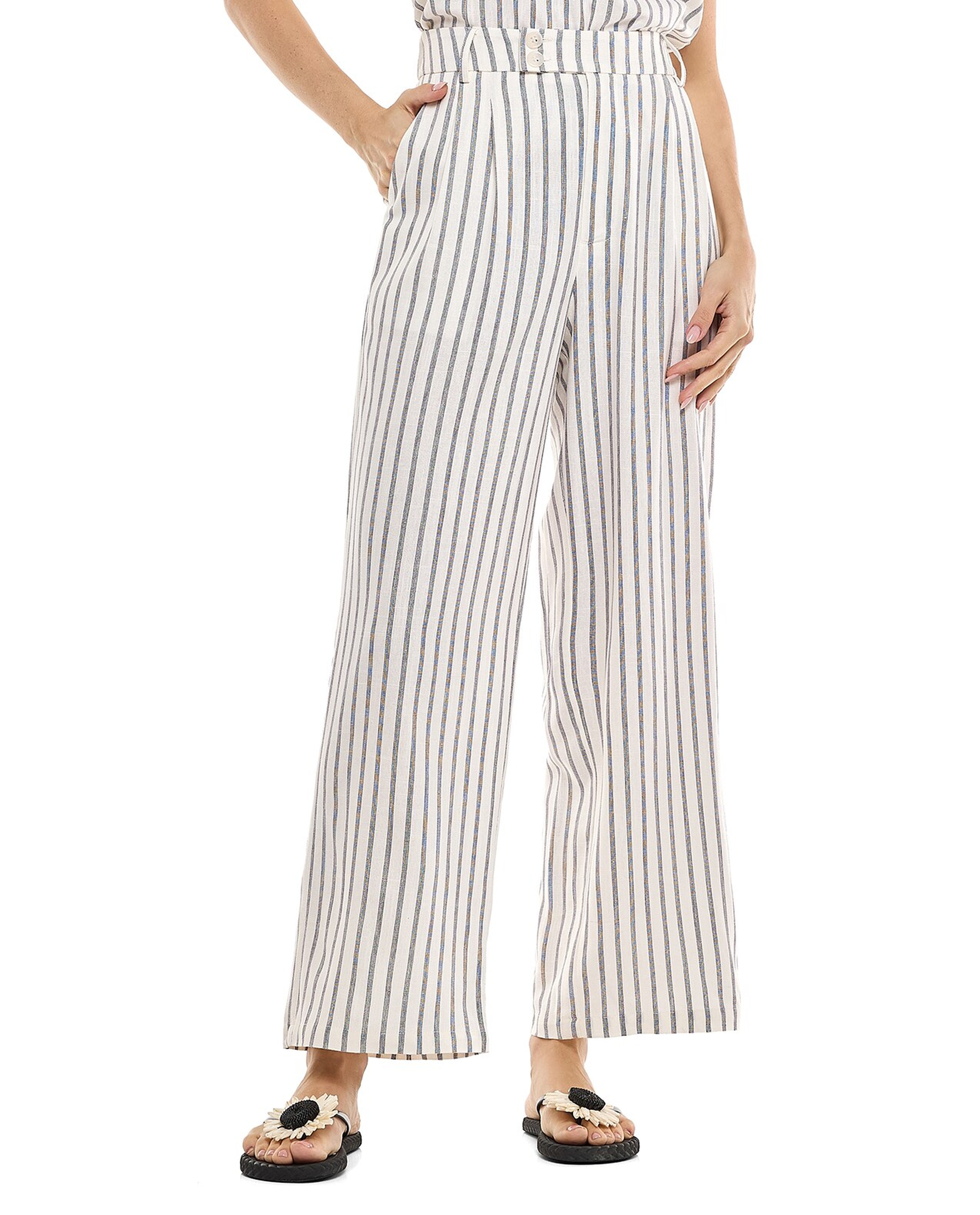 Striped Wide Leg Pants with Button Closure
