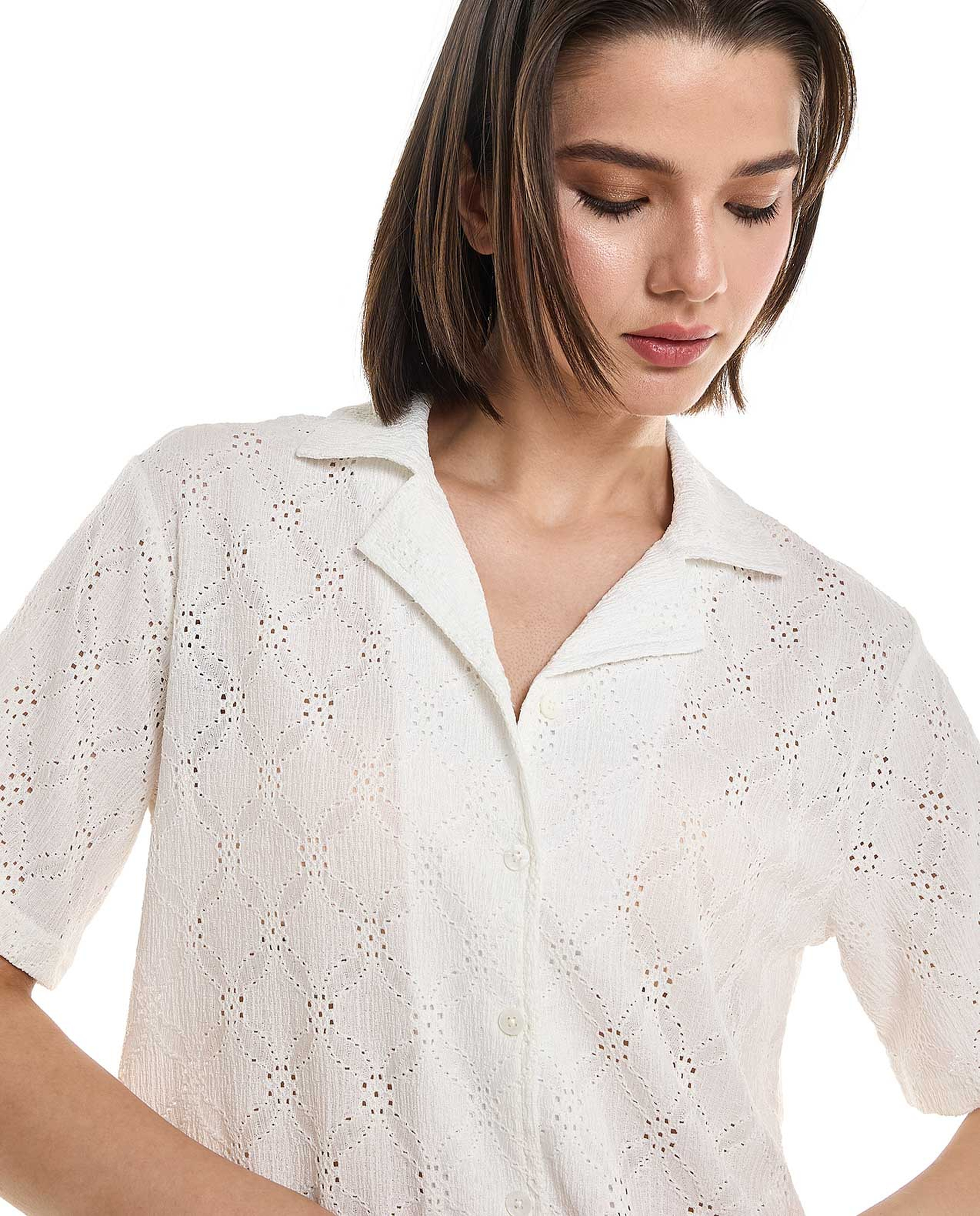 Schiffli Shirt with Revere Collar and Short Sleeves