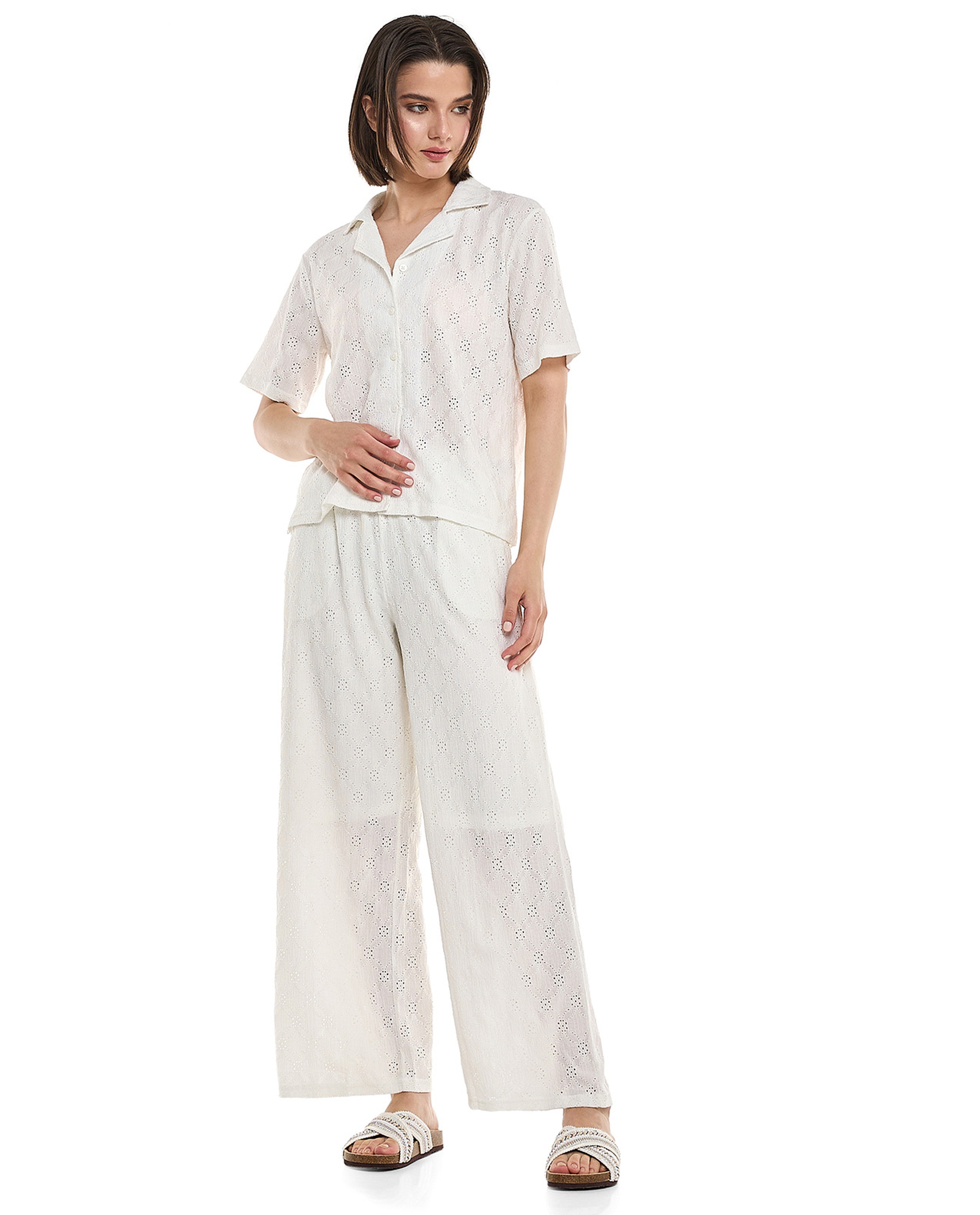 Schiffli Shirt with Revere Collar and Short Sleeves