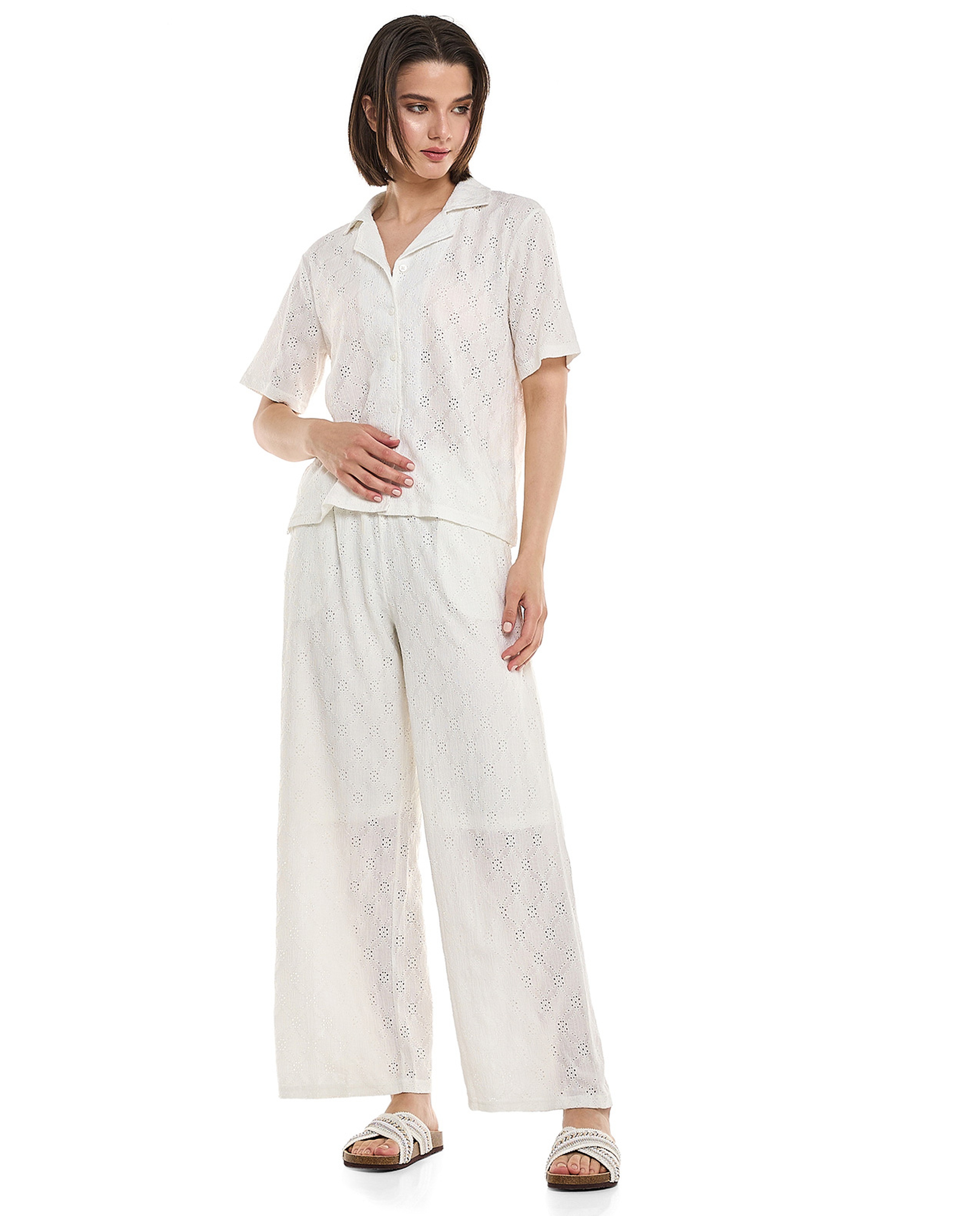 Schiffli Shirt with Revere Collar and Short Sleeves