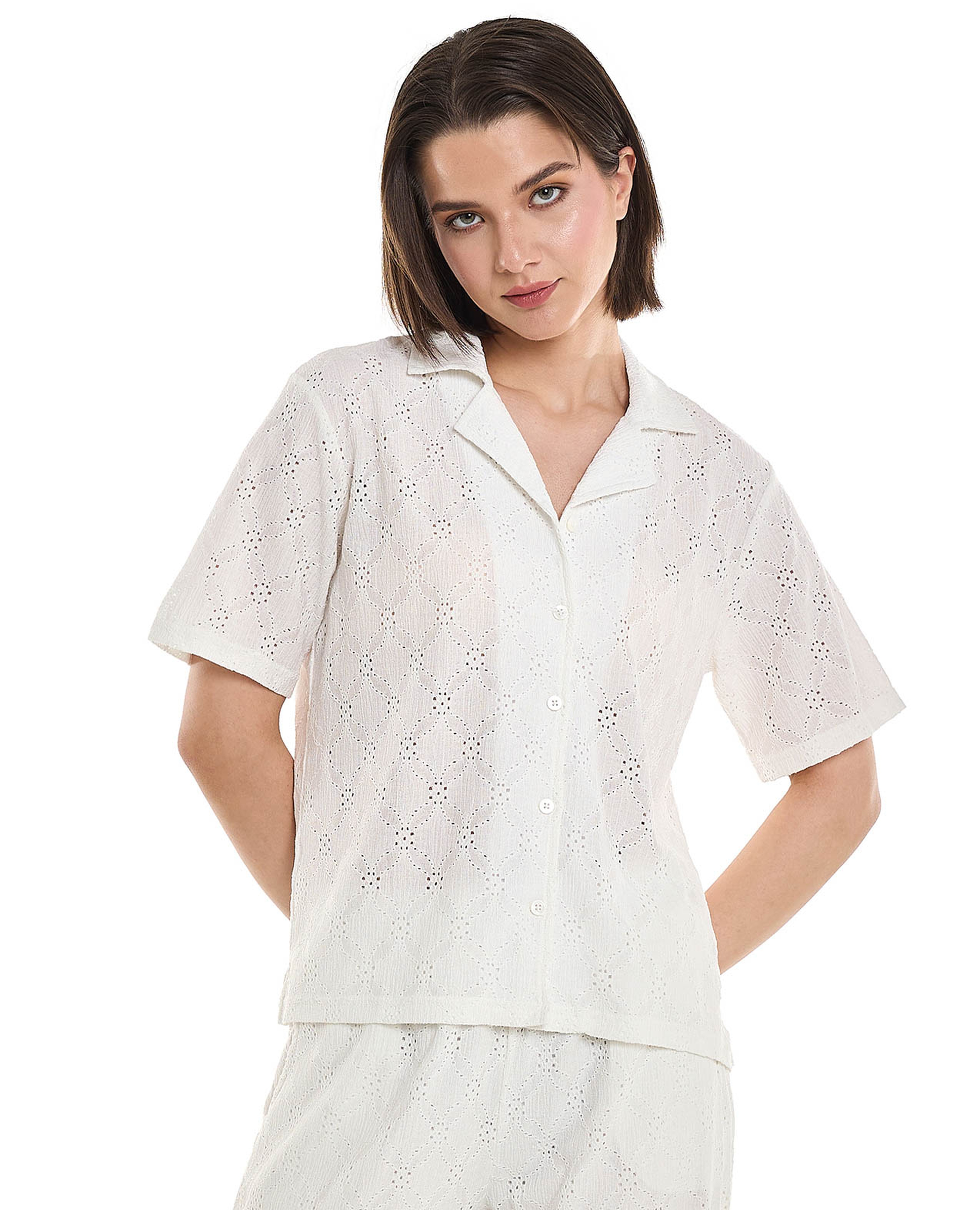Schiffli Shirt with Revere Collar and Short Sleeves