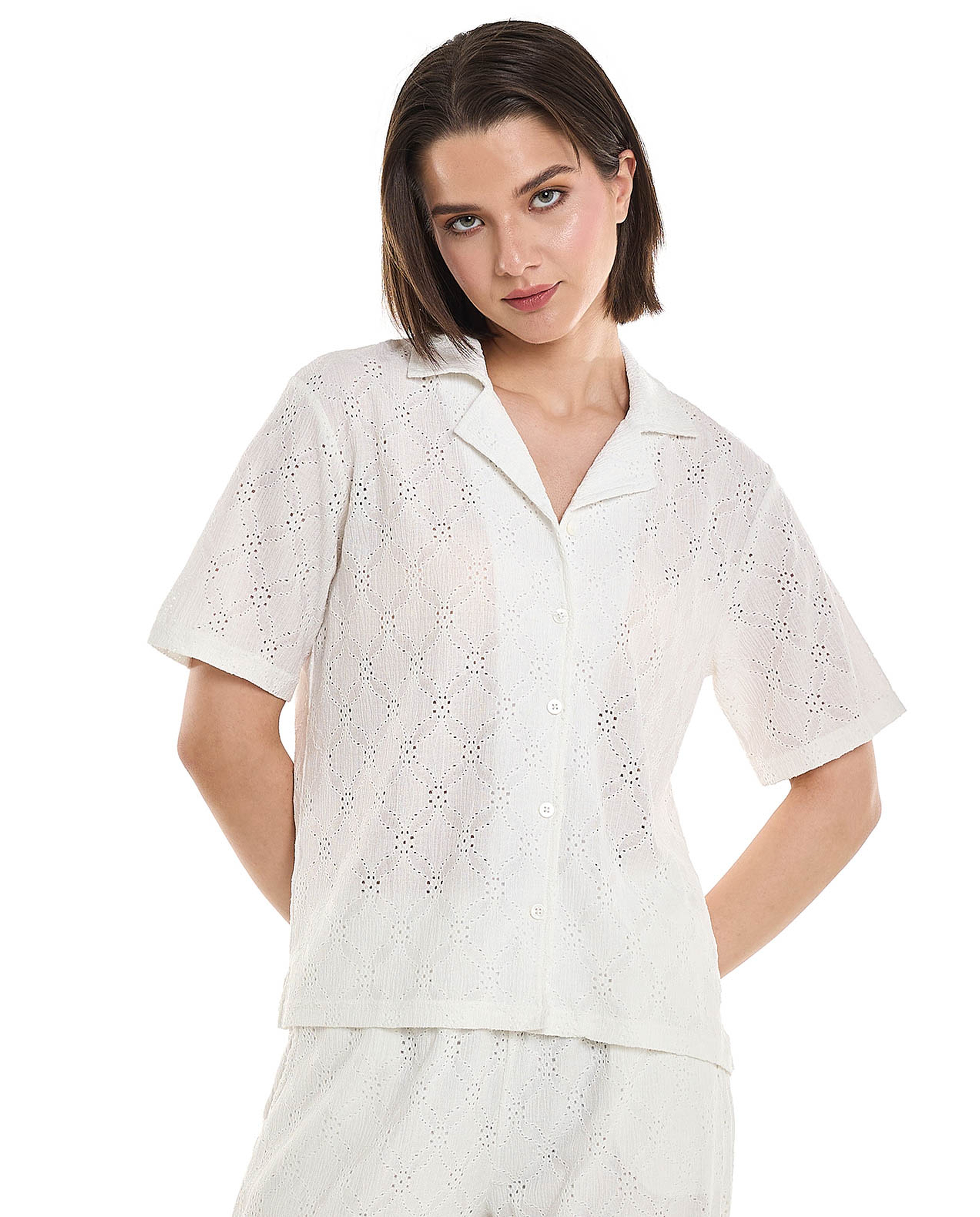 Schiffli Shirt with Revere Collar and Short Sleeves
