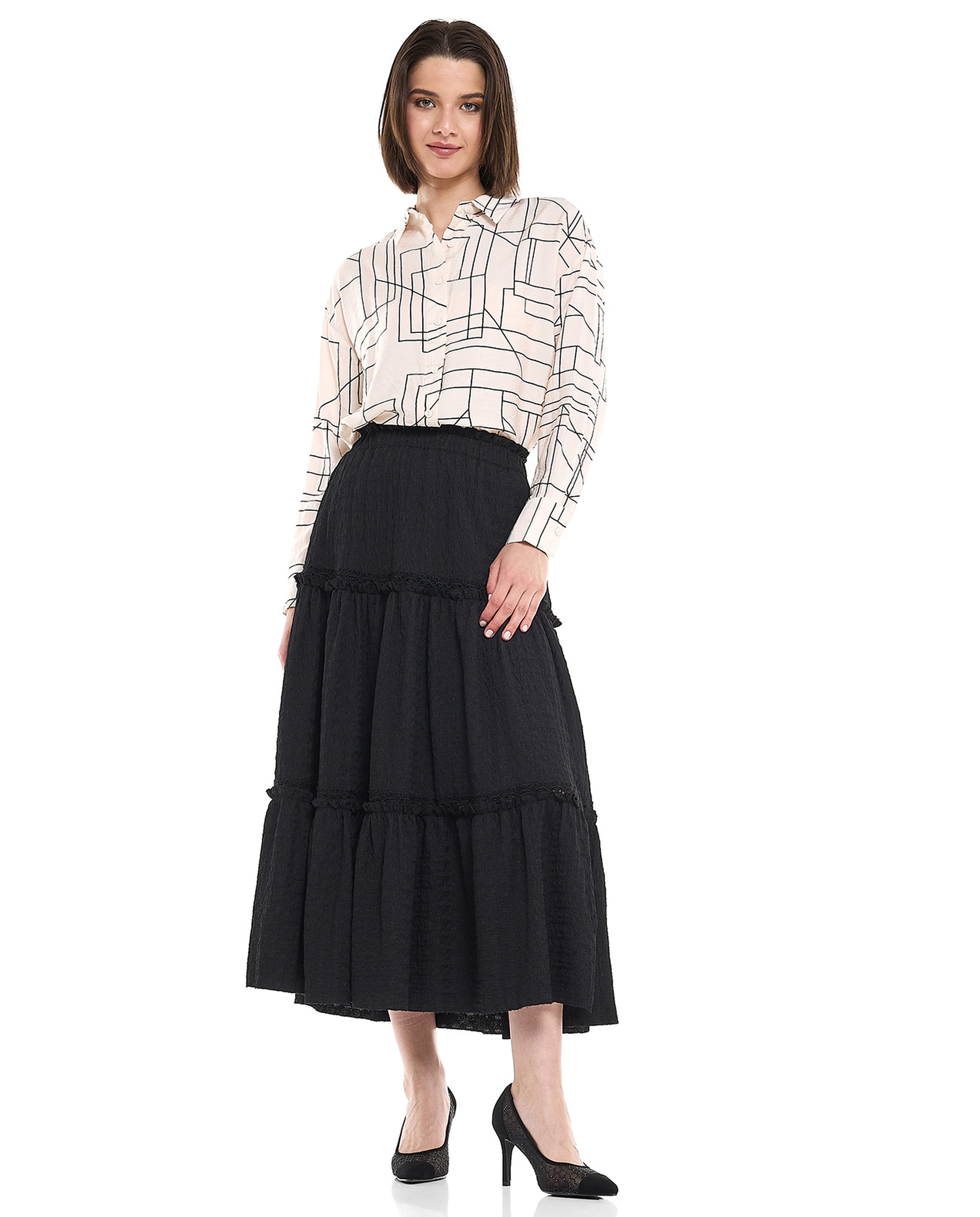 Printed Shirt Tunic with Classic Collar and Long Sleeves