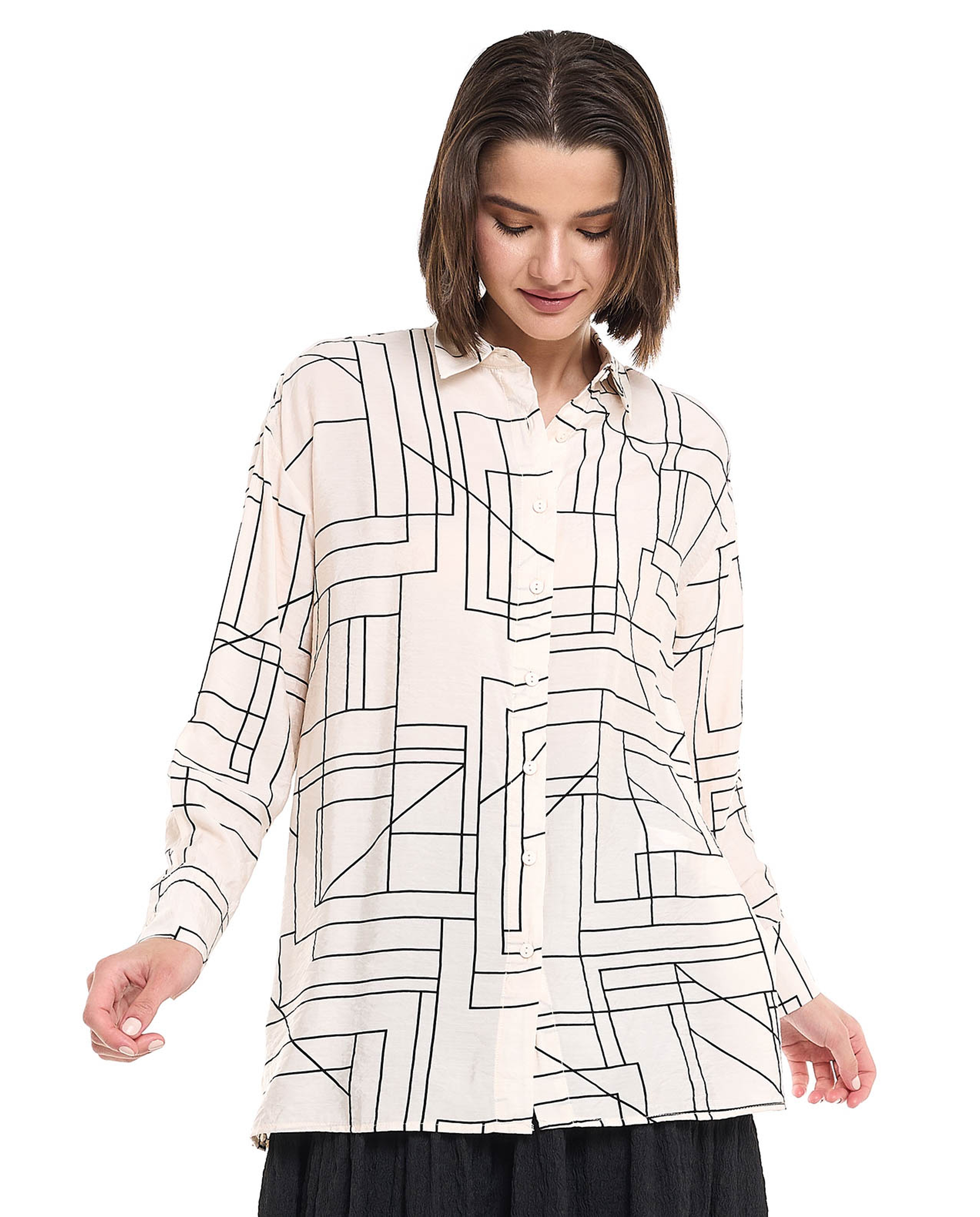 Printed Shirt Tunic with Classic Collar and Long Sleeves