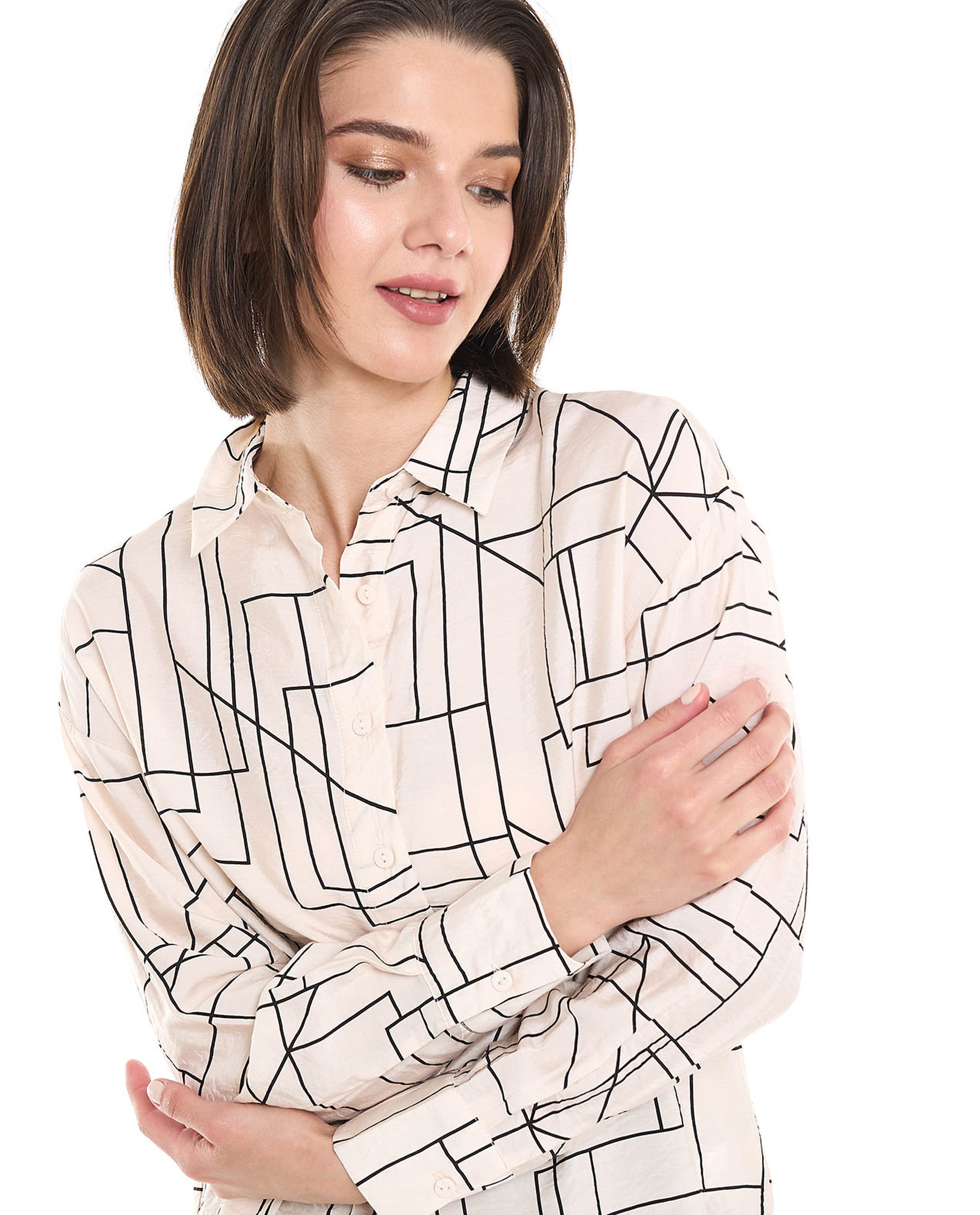 Printed Shirt Tunic with Classic Collar and Long Sleeves