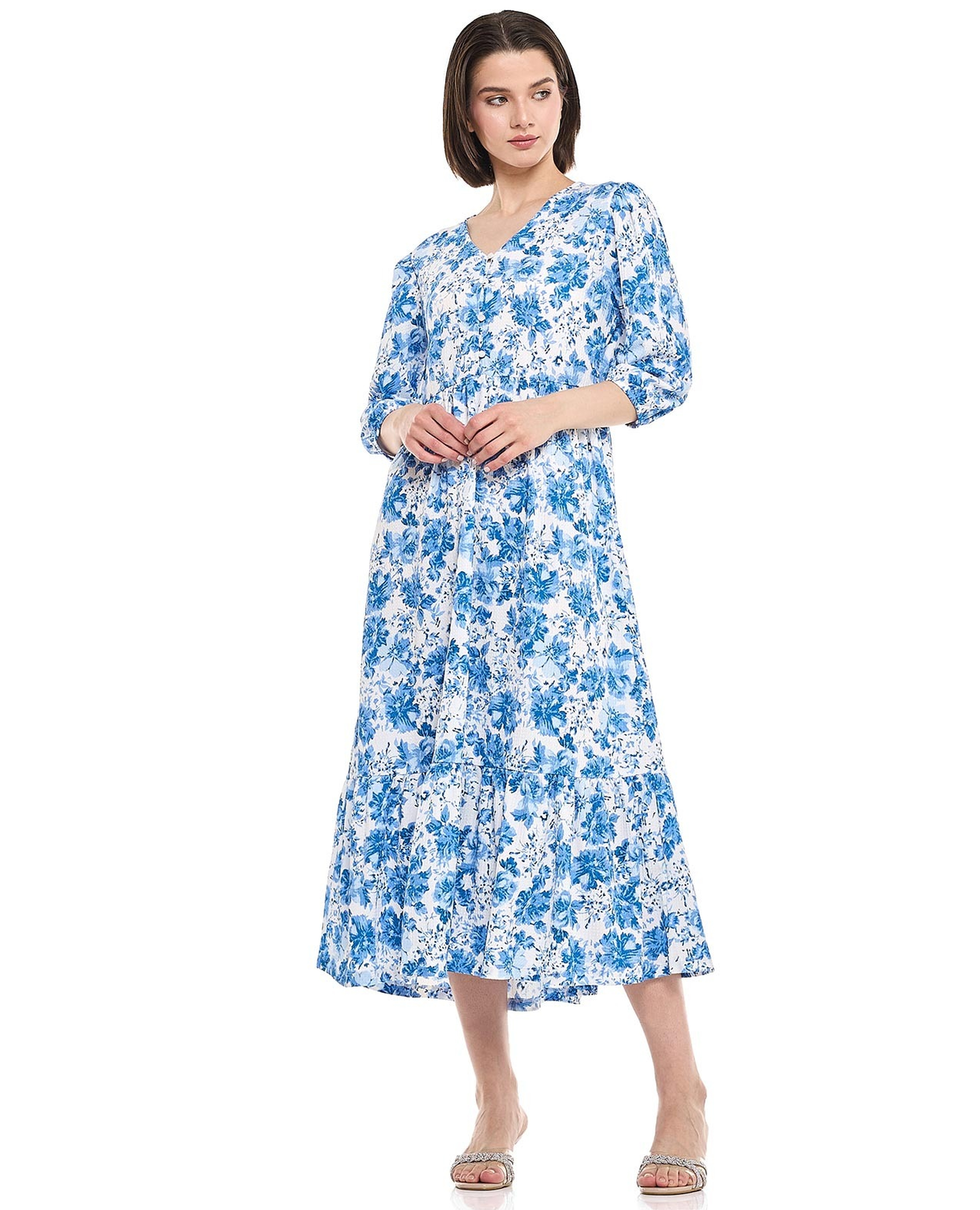 فستان ميدي بطبعة ورود وياقة V وأكمام 3/4