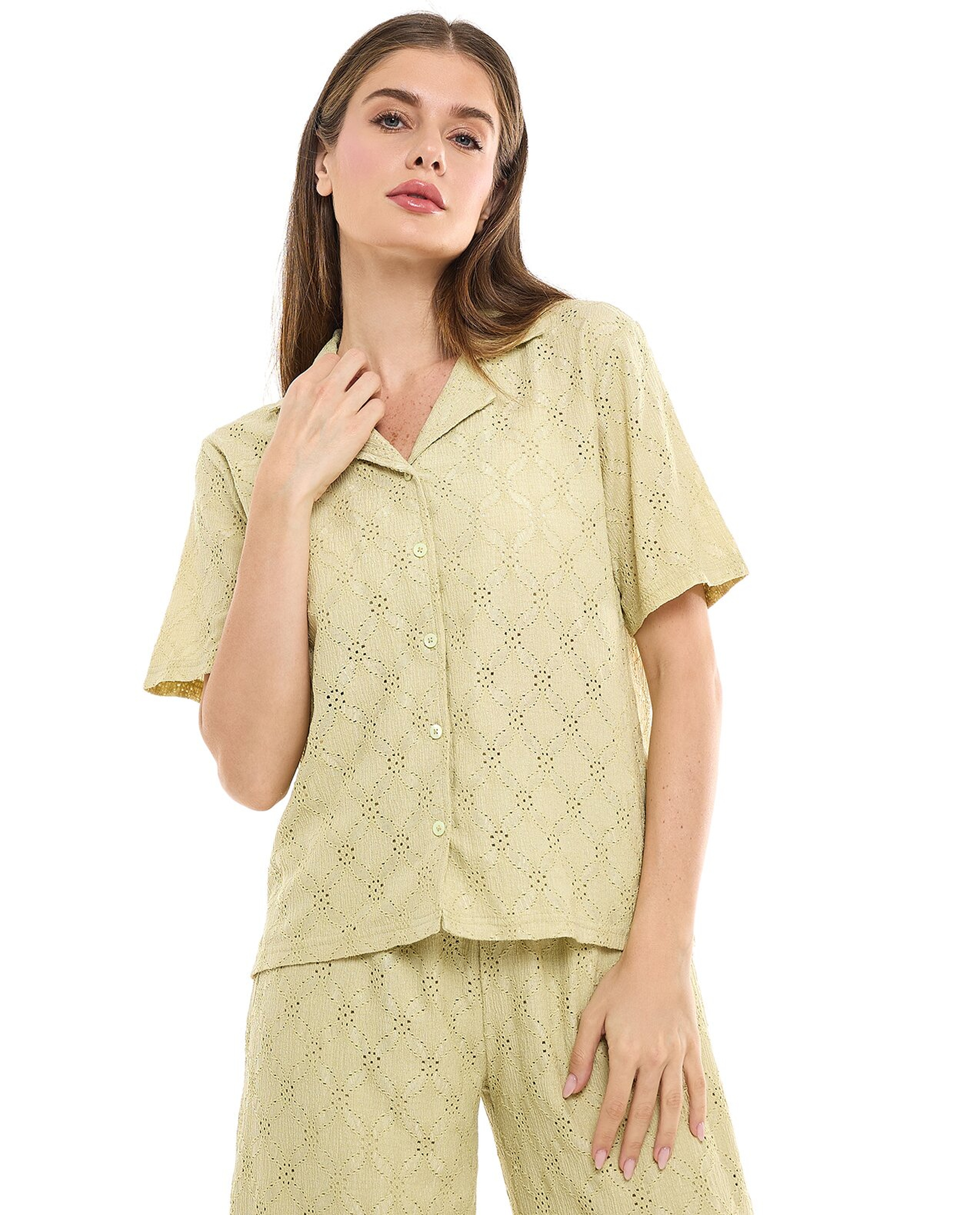 Schiffli Shirt with Revere Collar and Short Sleeves